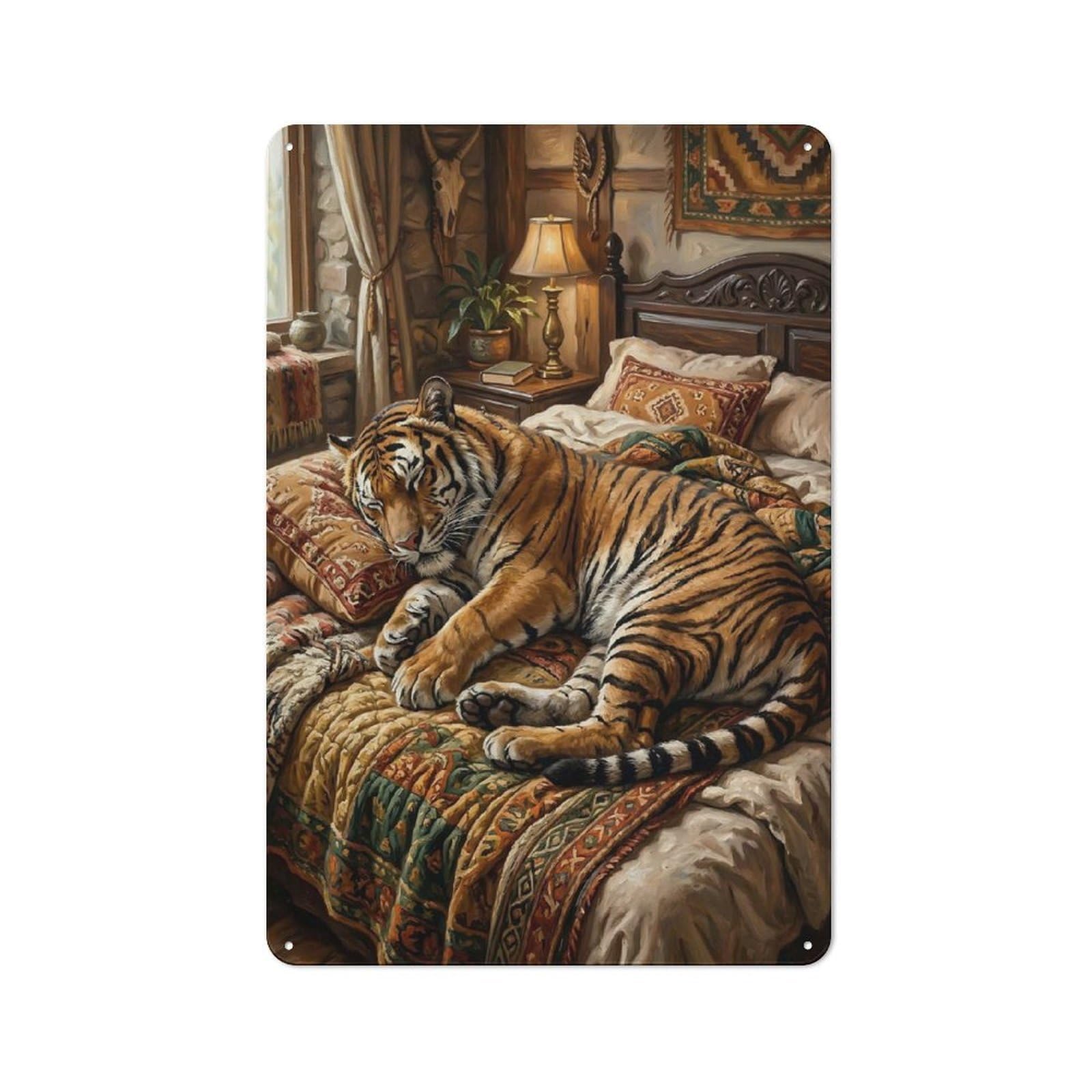Garage Style Tiger Sleeping on A Bed Decorative Metal Plaque 30x20cm, Garage Wall Decor for Workshop, Basement, Shed Or Games Room