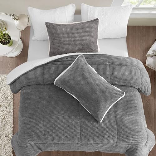 Sleepbella Grey Plush Comforter King Size, Reversible Comforter With Grey Pineapple Fleece & 100% Faux Sherpa White Fleece, Ultra-Soft Down Alternative Bedding Set 3Pcs,(King, Grey) #TOP3