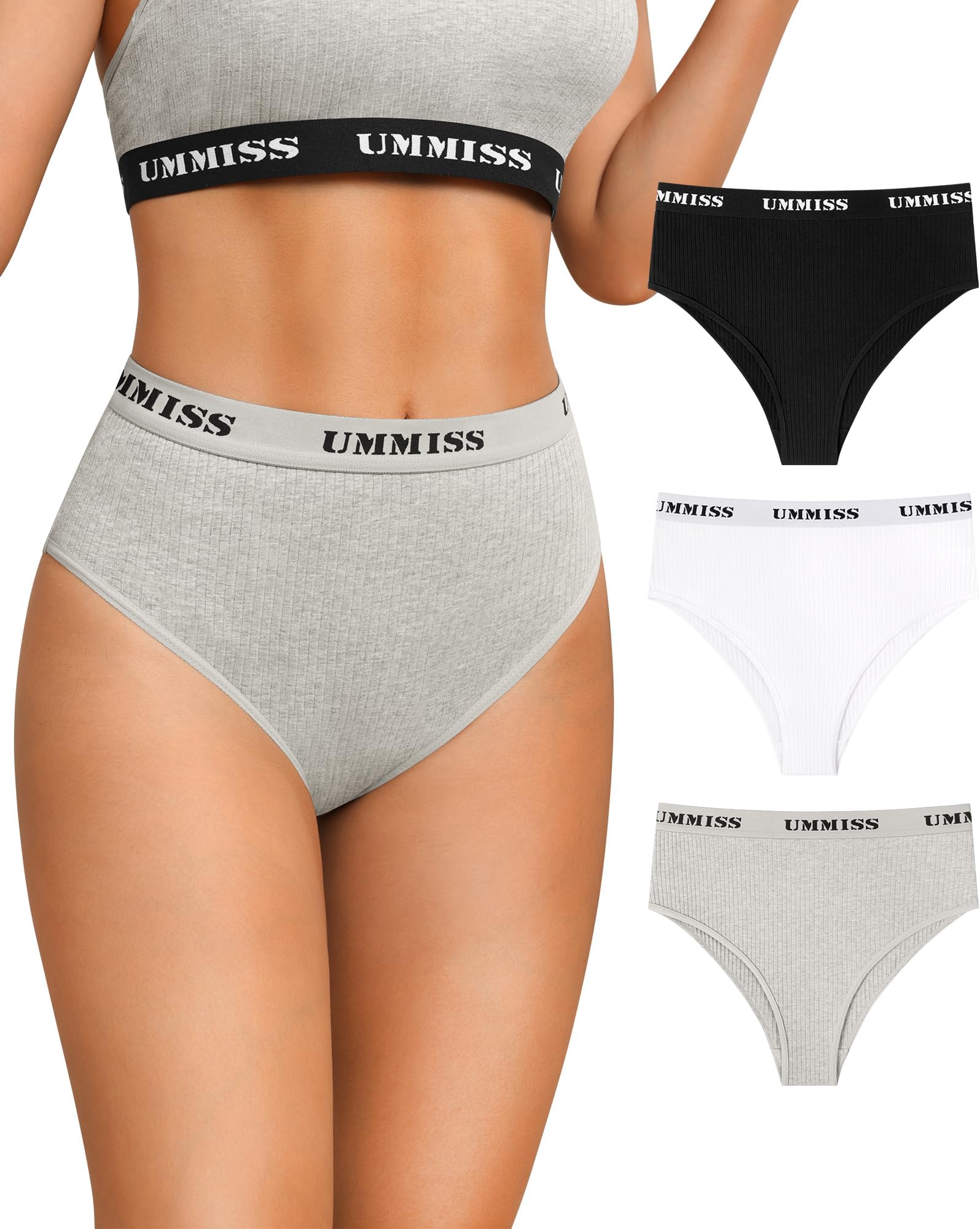 UMMISSWomens High Waisted Cotton Bikini Underwear Hipster Panties Soft Stretch Threaded Ladies Sport Panties 3 Pack
