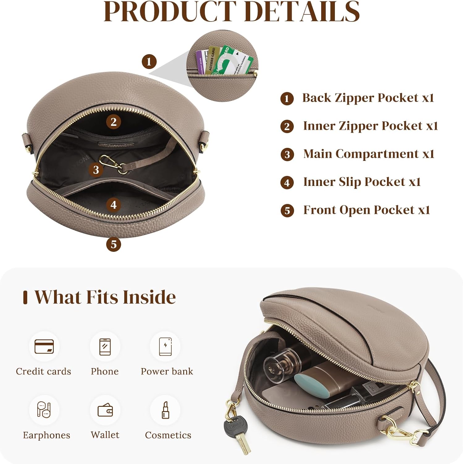 S-ZONE Leather Crossbody Bags for Women Vintage Circle Shoulder Purse Trendy Round Handbag with Adjustable Strap - Image 4