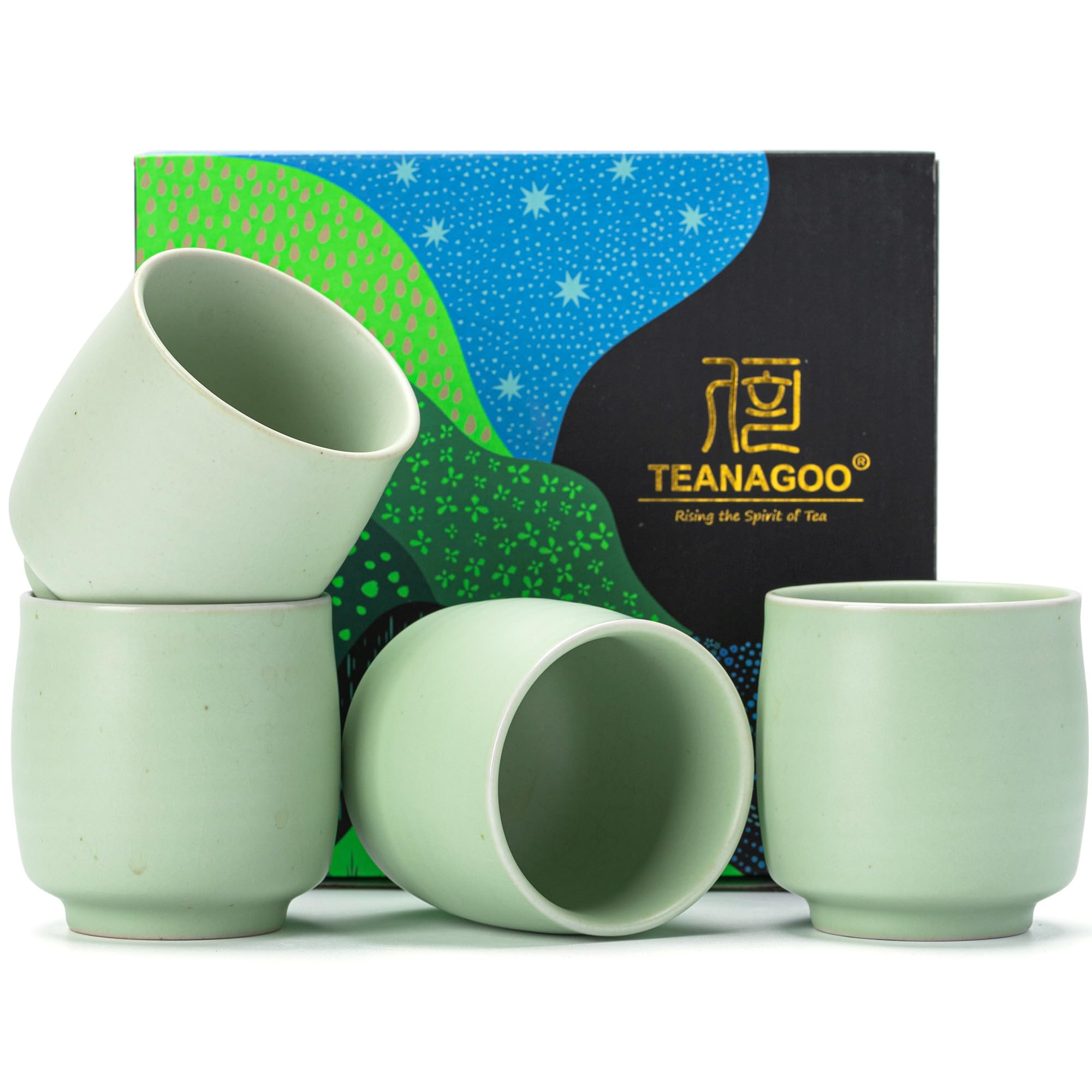 TEANAGOO Japanese Tea Cups, Chinese Tea Cup, 7.2Oz / 205 Ml, Ceramic Tea Cups for Adults, Ceramic Cups no Handles, Japanese Cups, Matcha Cup, Lt.Green, 4 Pcs/Box, H8