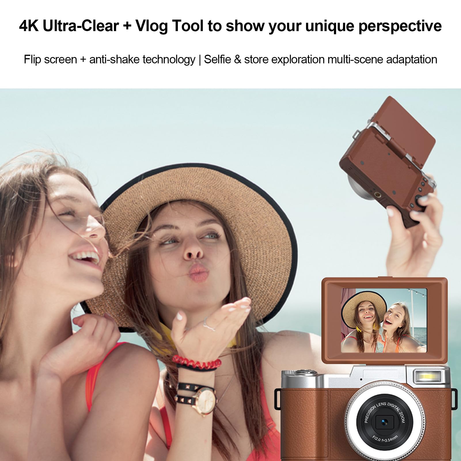 Andoer Aparat cyfrowy 4K, autofokus 48 MP, przenośny, kompaktowy aparat z ekranem składanym 180°, 16 x zoom cyfrowy dla dzieci, nastolatków, studentów, początkujących (kawowy)