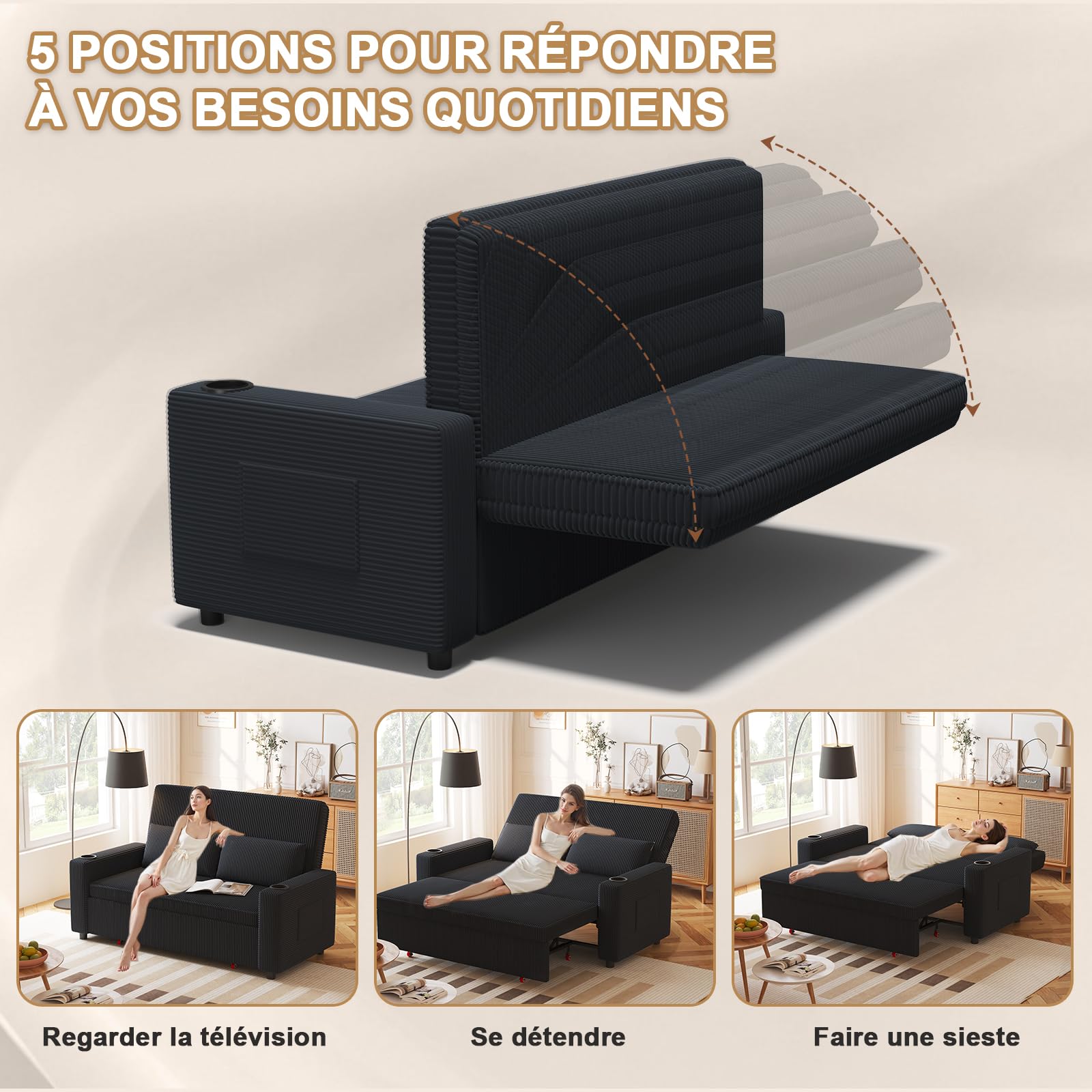 JUMMICO Canapé Convertible 2 Places Tissu côtelé, Dossier réglable, Causeuse Moderne 75×160×93 cm, Structure Solide 150 kg pour intérieur Contemporain,Couleur Bleu-Noir
