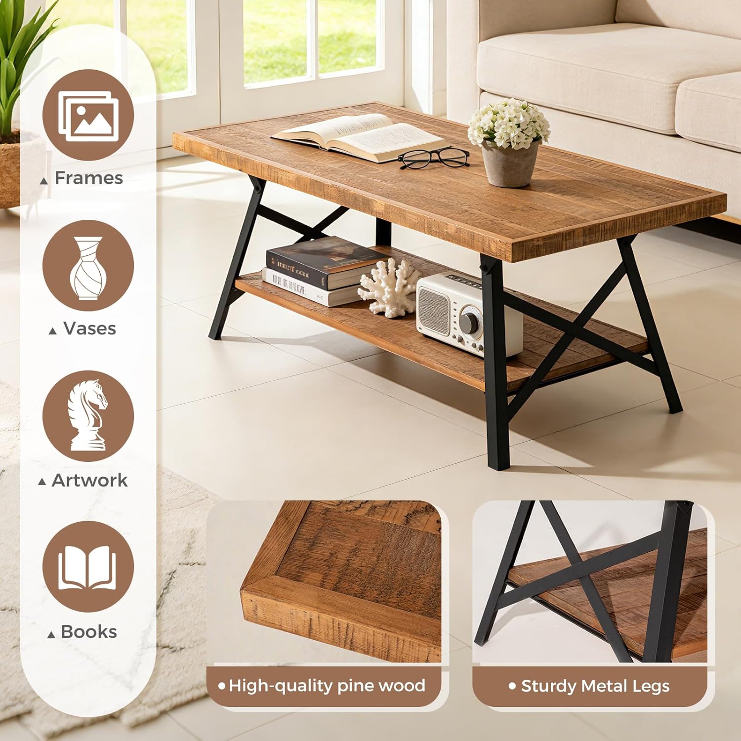 48" Solid Pine Wood Coffee Table, 2 Tier Rectangular Center Table with Sturdy Metal Legs, Farmhouse Cocktail Table for Living Room, Thick Wooden Tabletop, Rustic Brown