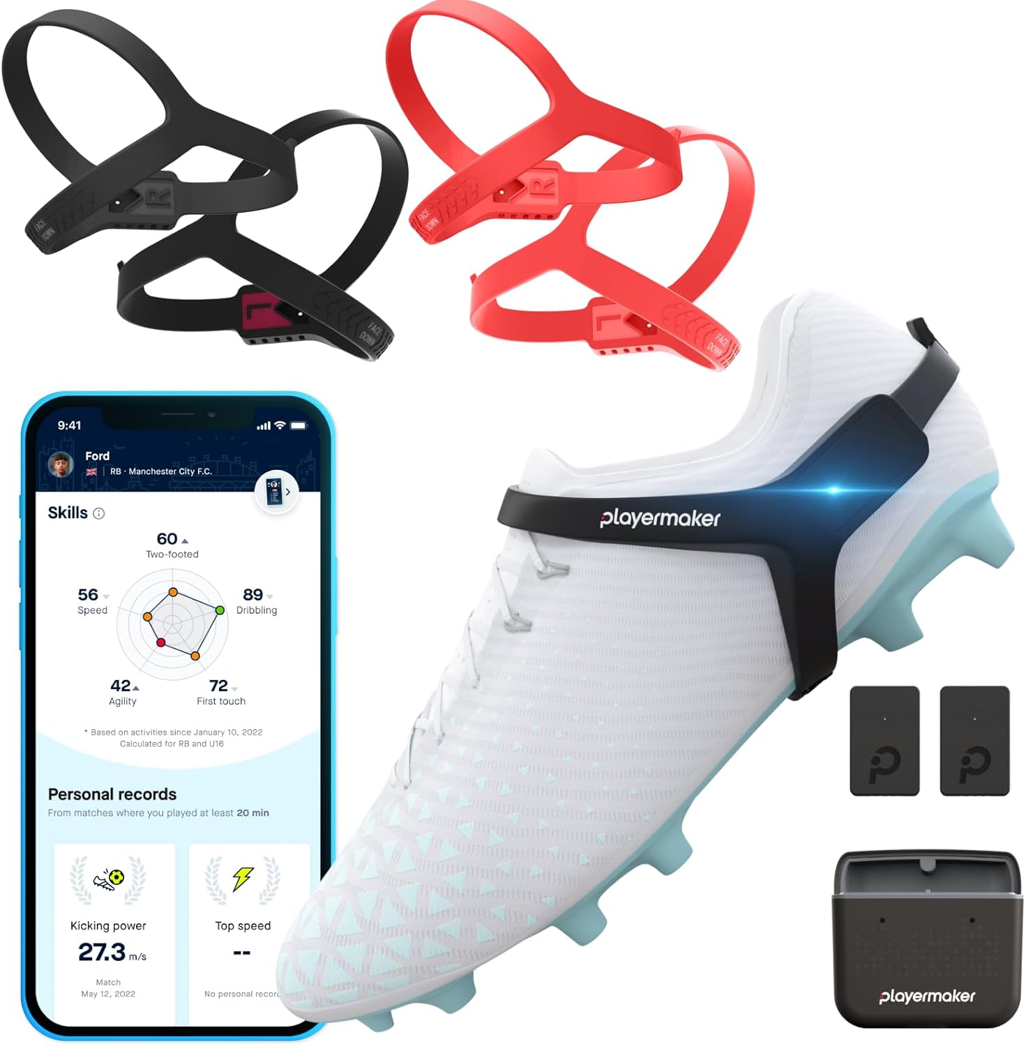 CITYPLAY Soccer Tracker Kit Large + Red Medium Straps, Smart Soccer Tracker for Cleats by Playermaker, Track 25+ Technical & Physical Metrics, Advanced Than GPS