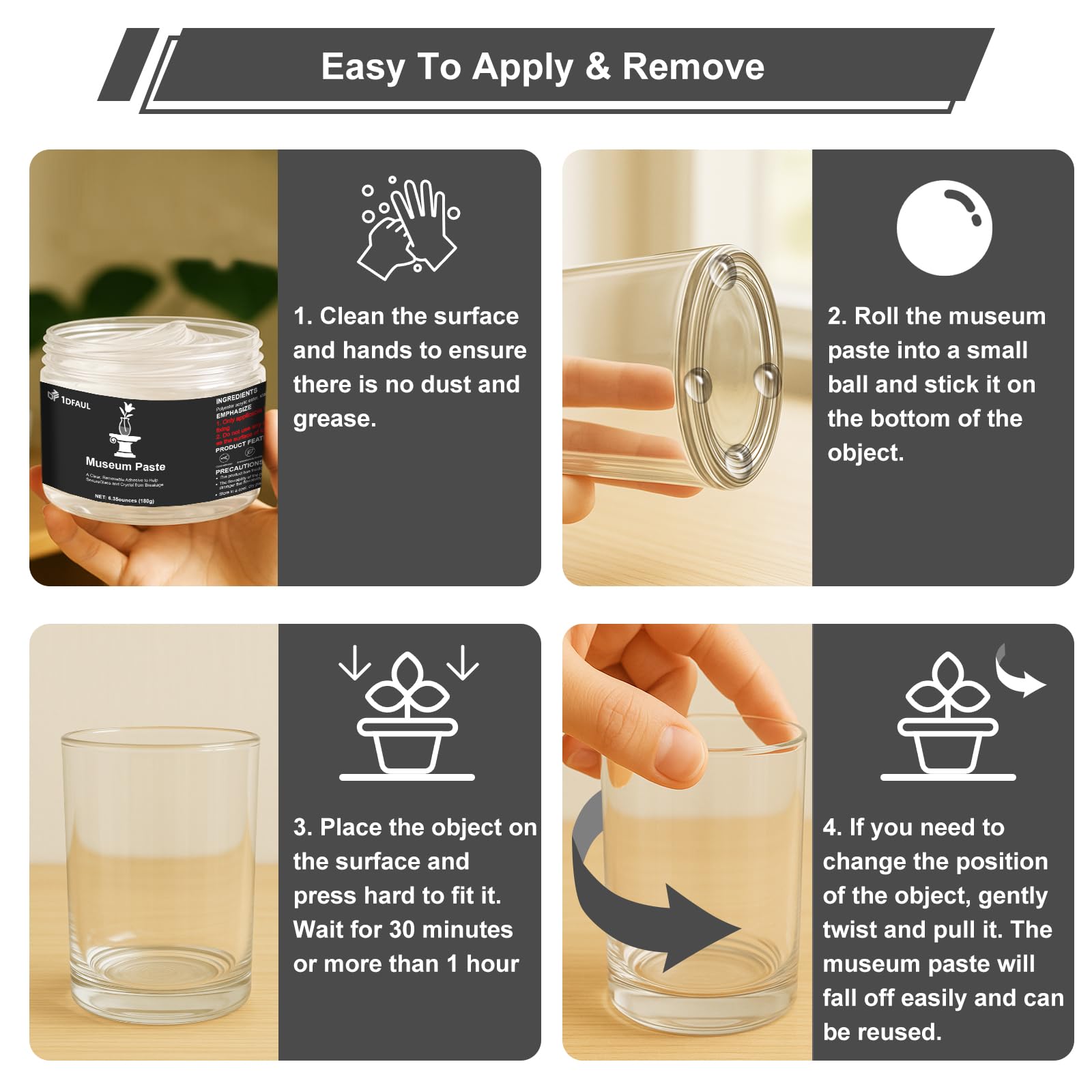 1DFAUL 6.35 oz Gel transparent de musée, cire transparente amovible, réutilisable et sans résidus, collection fixe d'artefacts et décorations pour éviter les vibrations et les chutes