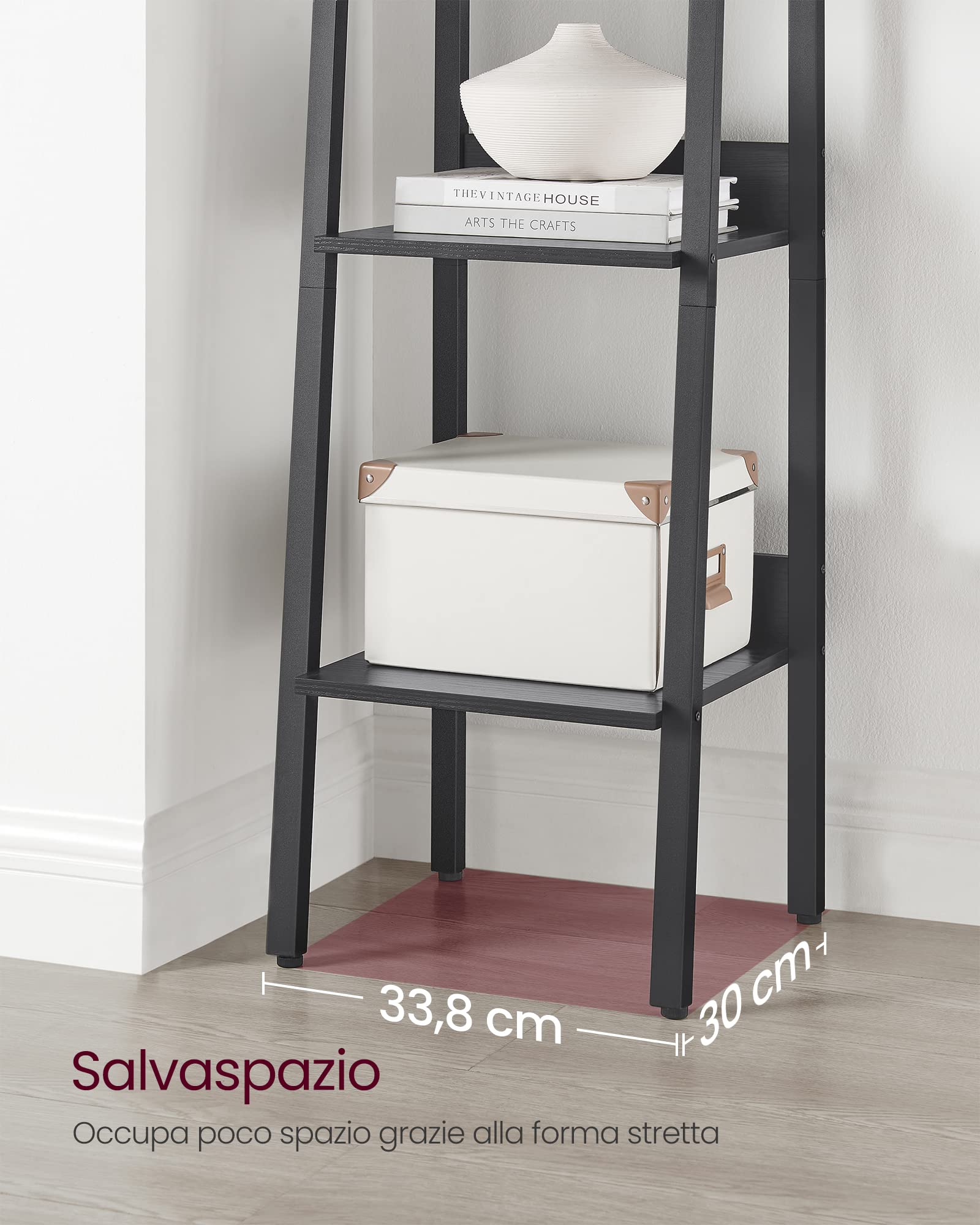 VASAGLE Scaffale a Scala, libreria a 5 Ripiani, Mobile in Piedi, Ufficio, Soggiorno, Camera da Letto, Cucina, Stile Industriale, Legno Nero LLS109B56