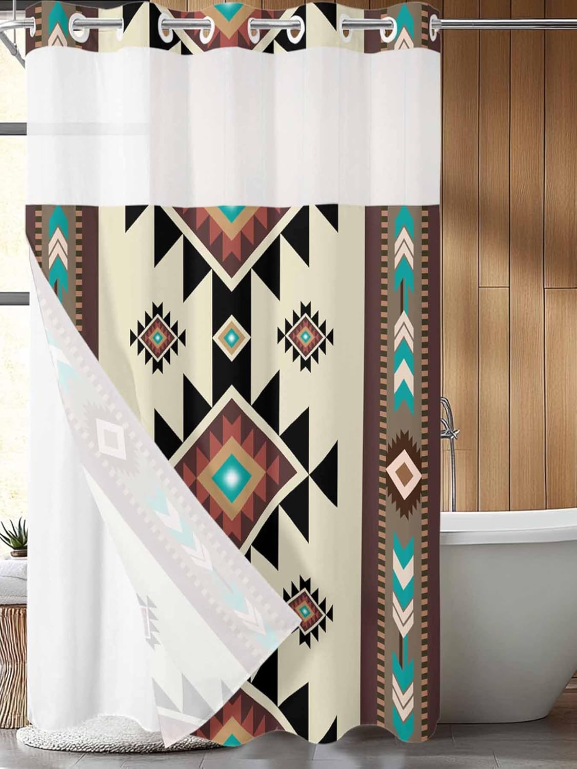 No Hook Shower Curtains, Brown Teal Southwest Small Shower Curtains with Snap in Liner, Western Geometric Abstract Ethnic Waterproof Washable Fabric Bathroom Shower Curtain Sets, 36" x 78"