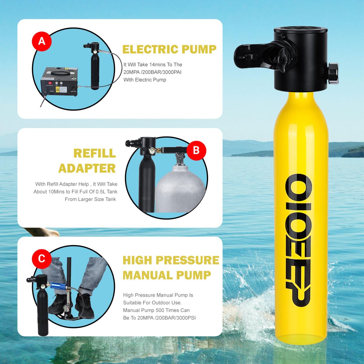 Mini tanque de buceo de 0,5 L, tanque de pulmón portátil de 0,5 L, sistema de respiración subacuática de 5 a 10 minutos para familia, fiesta y viaje, kit de buceo