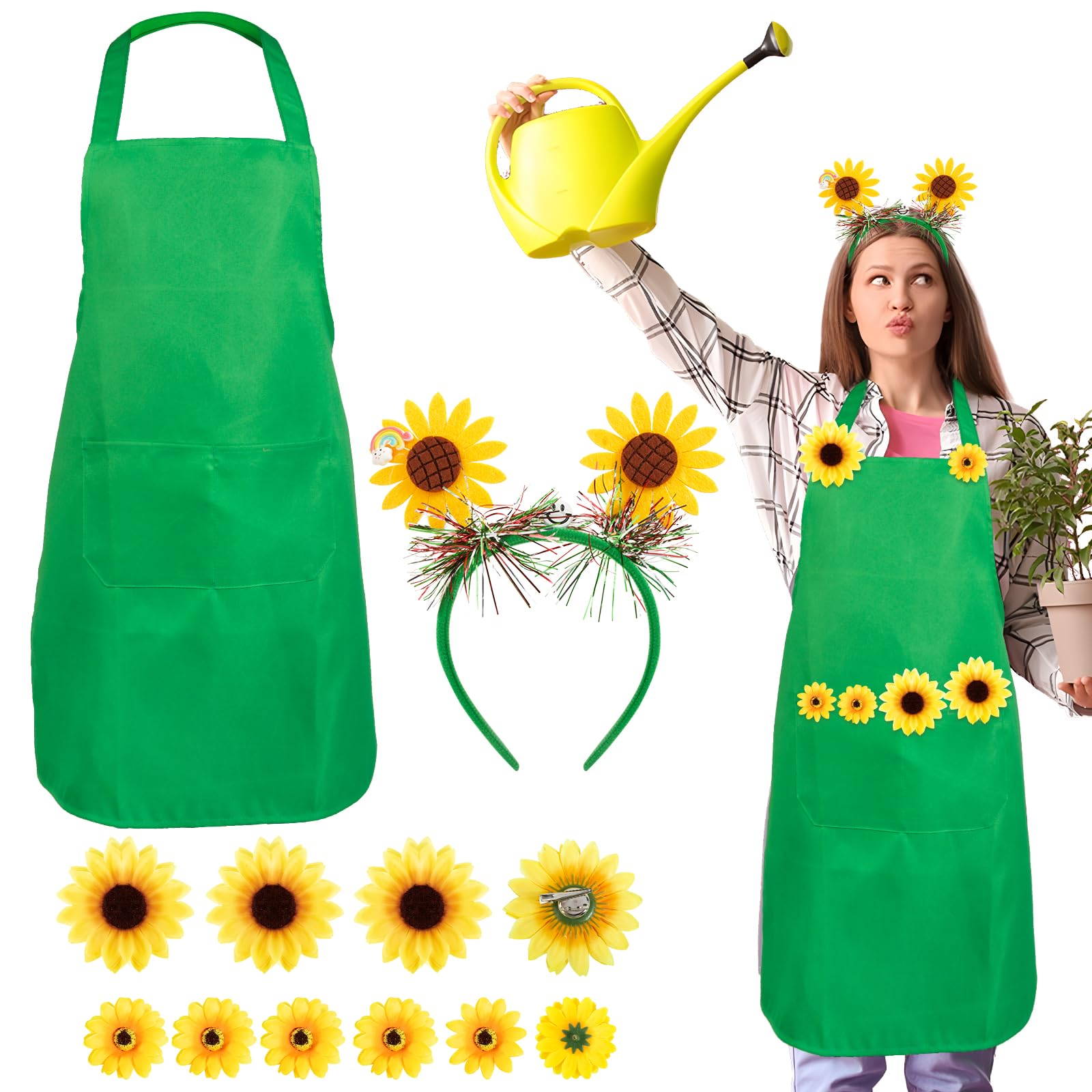 Juegos 3pcs Disfraz Jardinera Mujer, Delantal Verde Mujer con Girasol, Clips de Flor de Girasol, Diadema de Girasol Verde Fiesta Carnaval San Patricio Cosplay Regalo Jardinera, Delantal+Diadema+Clips