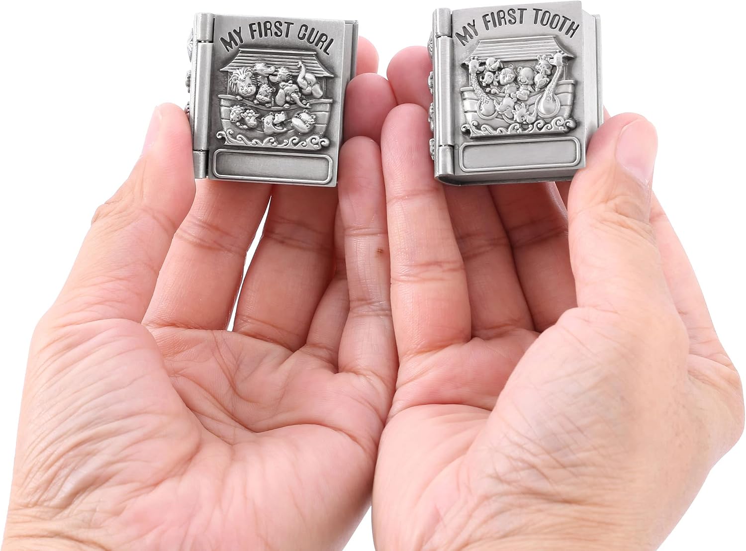 Mogoko First Haircut Keepsake Baby First Tooth Keepsake Box Set Zinc Alloy Cartoon Books Kids Teeth Holder Tins For Baby Boys Girls Toddler Gift 2Pcs/Set
