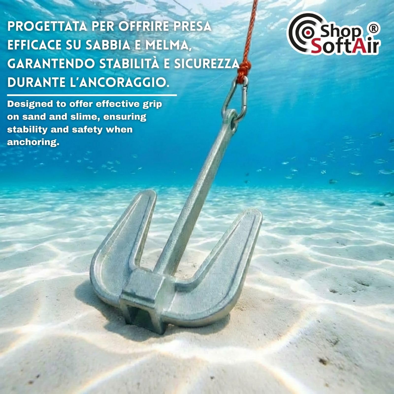 Ancora Hall in Ghisa Zincata a Caldo con Cima Galleggiante 30m e Moschettone Inox Inclusi –Ceppo Mobile per Barca e Gommone – Sabbia e Fango – 2Kg 3Kg 4Kg 6Kg 8Kg 10Kg