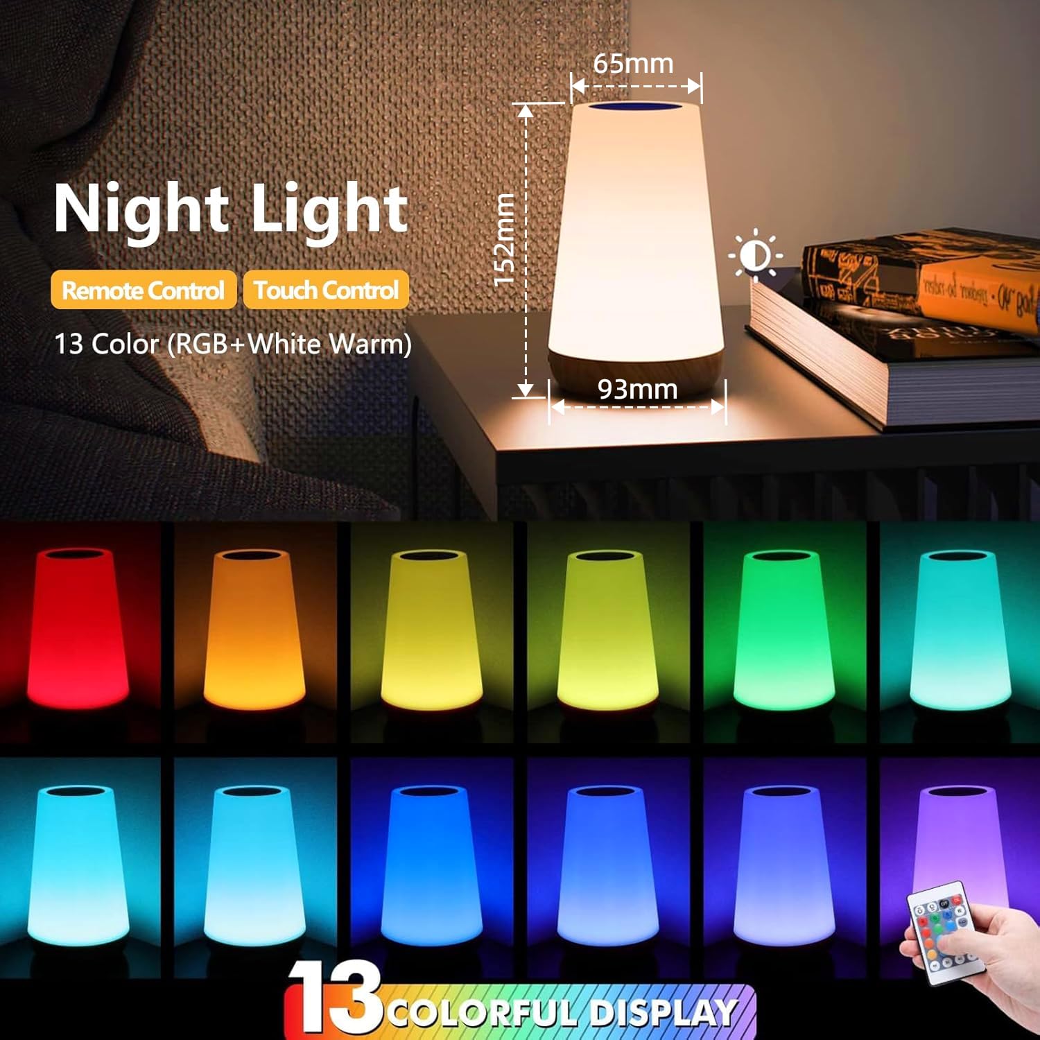Touch Lampada da Comodino con Telecomando, LED Lampada da Tavolo Senza Fili con 13 Colori, Luce Notturna Bambini per Camera da Letto, Cameretta dei Bambini Soggiorno