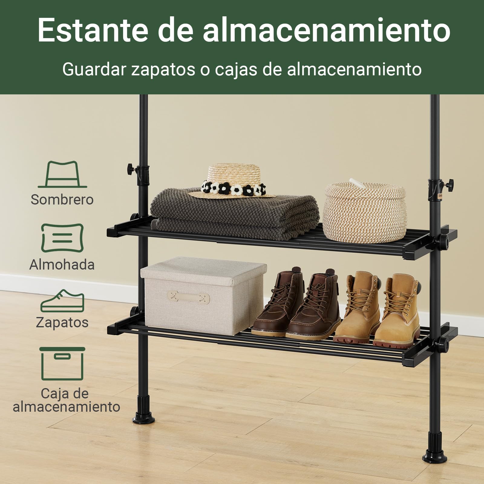 SoBuy barra telescópica perchero con estantes, dormitorio | Armario abierto ajustable para ropa, perchero resistente para vestidor y dormitorio, diseño negro, FRG34-II-SCH