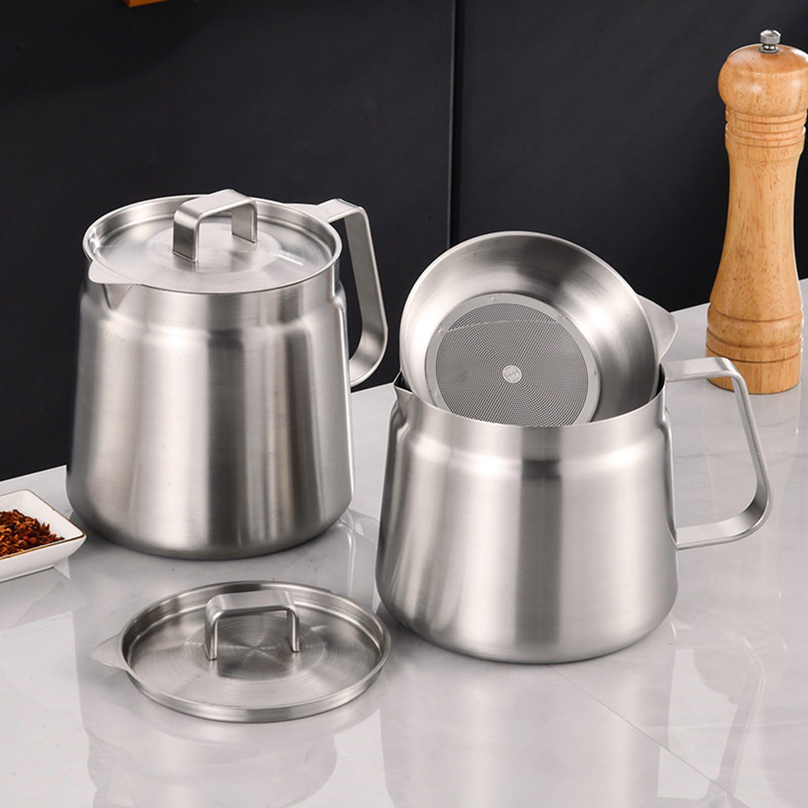 XAGMODSHN Filtro de aceite de grado alimenticio, capacidad de 1,5/2 L, filtro de acero para reciclaje de cocina, recipiente de filtro de cocina eficiente