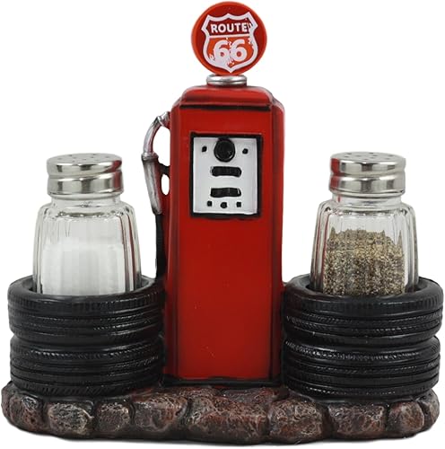 Ebros Route 66 Old Fashioned Gas Pump Station Salt and Pepper Shakers Holder Figurine Cross Country Road Trip Lovers
