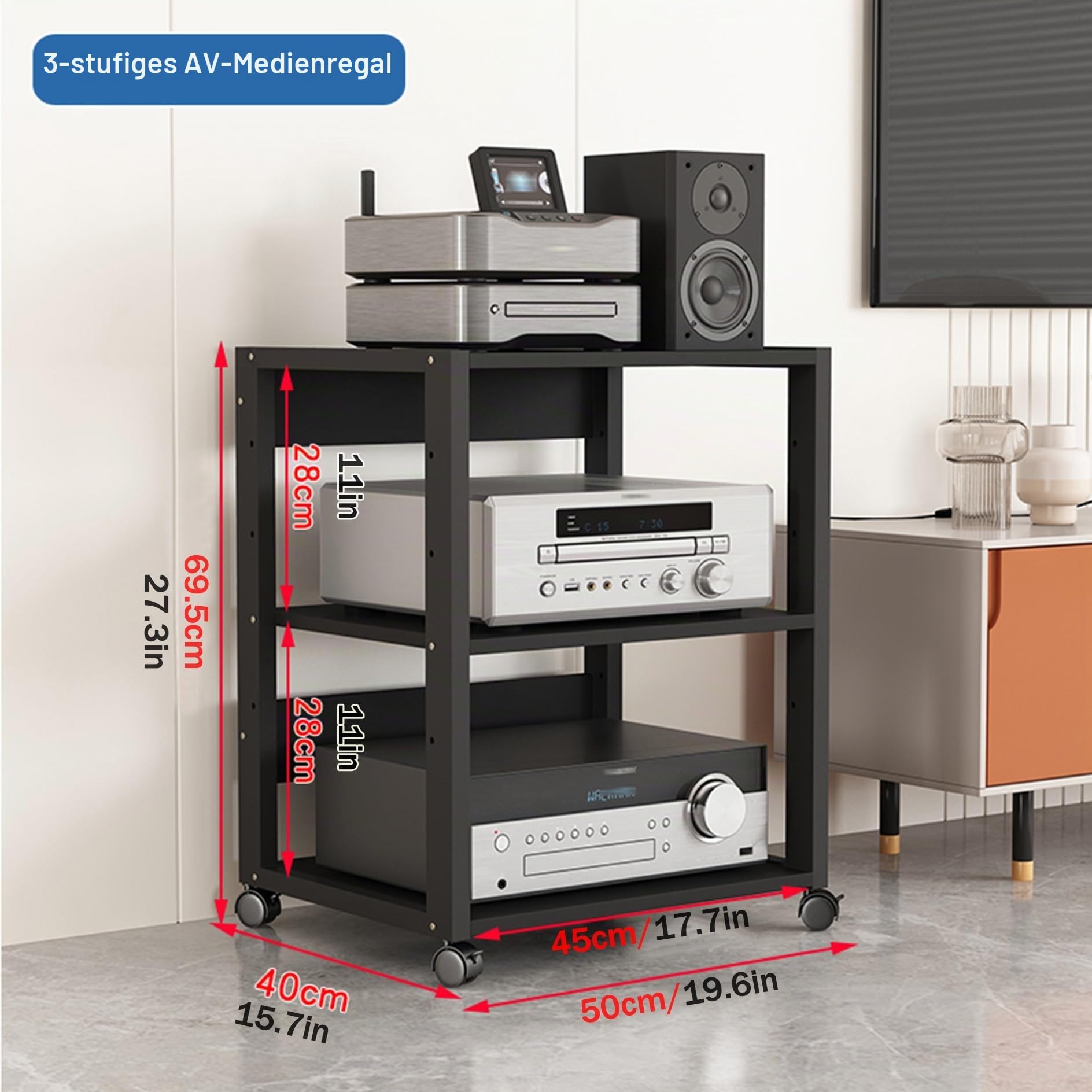 HiFi Rack TV Regal Audio Schrank aus Holz & Stahl 3/4/5/6 Schicht Schwarz Komponenten Rack Plattenspieler Tisch mit verstellbaren Ablage Kleines Desktop Stand Rack für Amplifier Equipment dac(50x40x69