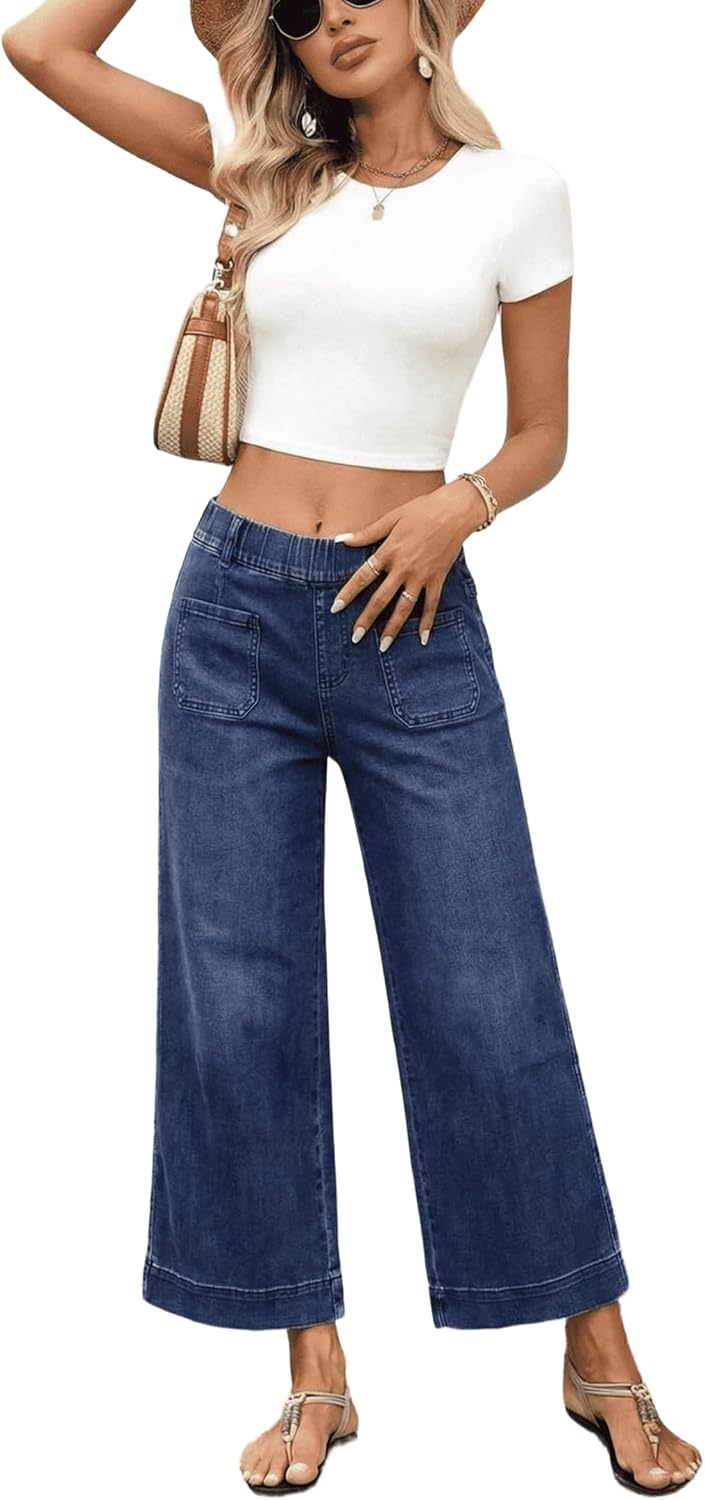 Women's Elastic Waist Pull On Jeans, Wide Leg Cropped Denim Pants with Deep Patch Pockets, Stretchy Relaxed Fit