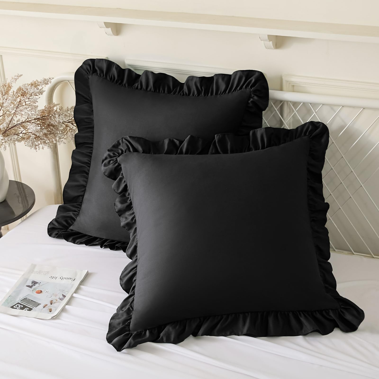 Photo 1 of KKJIAF Ruffle Pillow Cases 26x26 Inches, Black Square Ruffled Pillow Covers Set of 2, Microfiber Wrinkle Resistant Pillow Shams with Envelope Closure for Sofa Bed Living Room