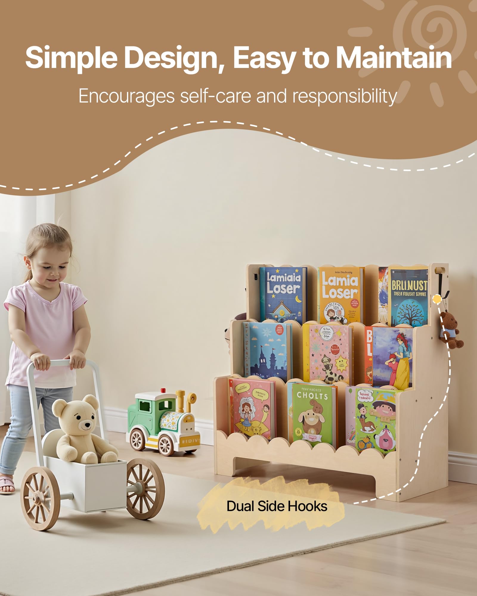 VEVOR Étagère à Livres pour Tout-Petits orientée vers l'avant, bibliothèque festonnée pour Enfants à 3 Niveaux avec 2 Crochets pour Suspendre Les Sacs à Dos, pour Chambre d'enfants, Salon, crèche