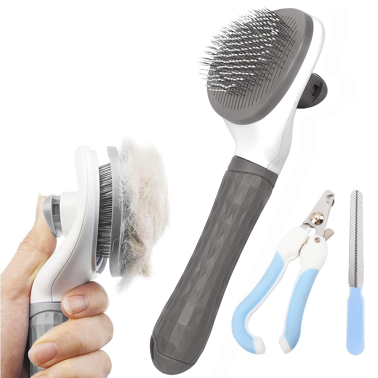 Barky Club 3 Piece Pet Grooming Kit – Self Cleaning Dog Brush, Professional Nail Clippers with Quick Sensor & Safety Lock, Plus Nail File – Ideal for Cats, Dogs, Puppies (Grey)