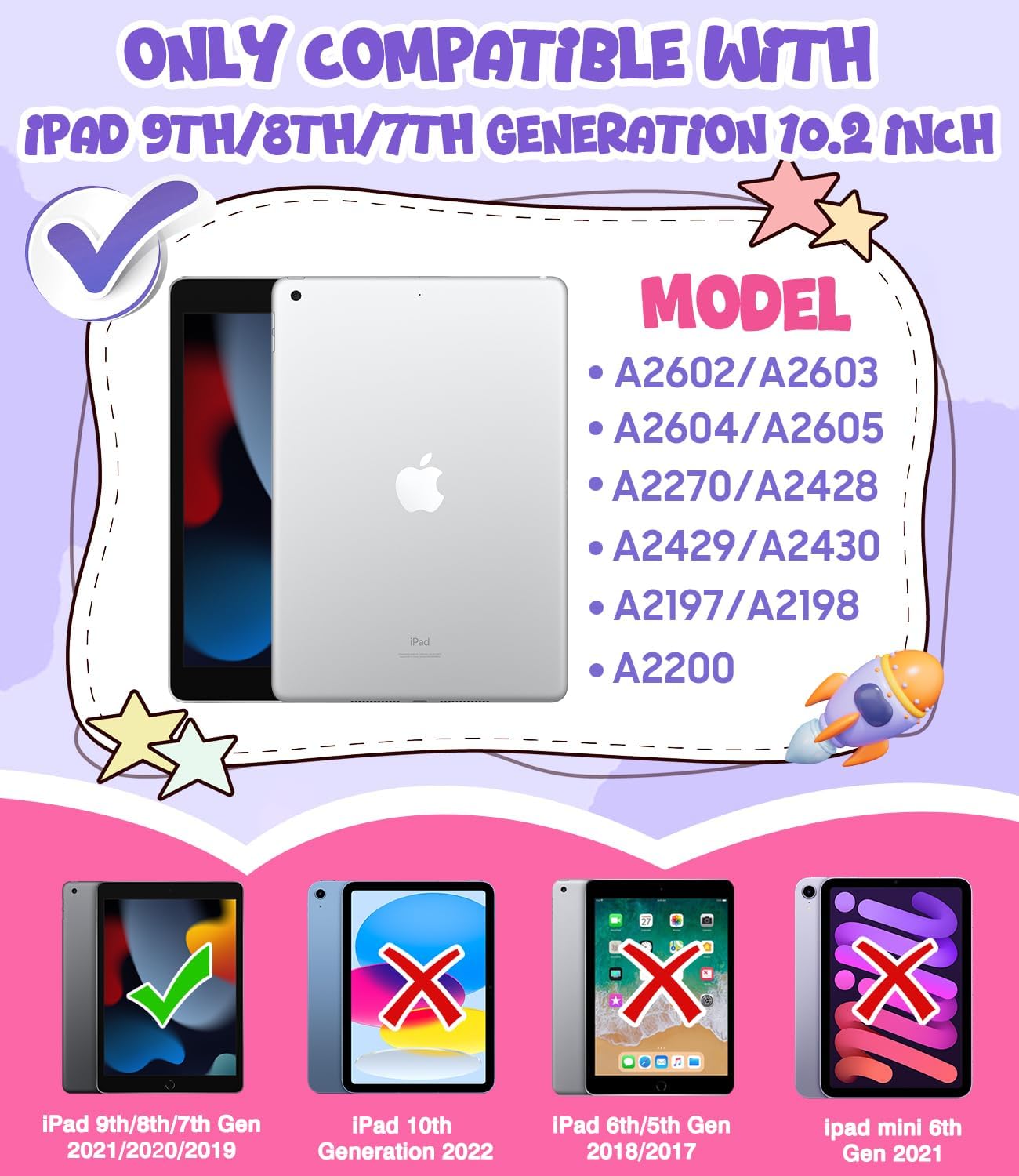 OKP Case for iPad 9th/ 8th/ 7th Generation 10.2 Inch (2021/2020/2019), Shockproof Rugged Heavy Duty i Pad 9 8 7 th Gen Protective 10.2'' Cover with Pencil Holder/Kickstand, Purple+Hot Pink