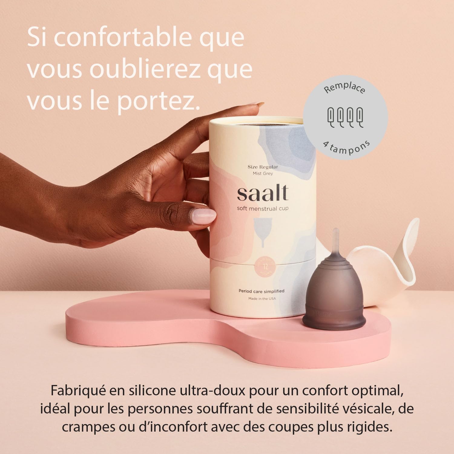 Saalt Soft Menstrual Cup – Coupe menstruelle réutilisable – Protection anti-fuites jusqu'à 12 heures – Sans BPA ni latex – Inclut une coupe et un sac de transport - taille Régulier, Gris