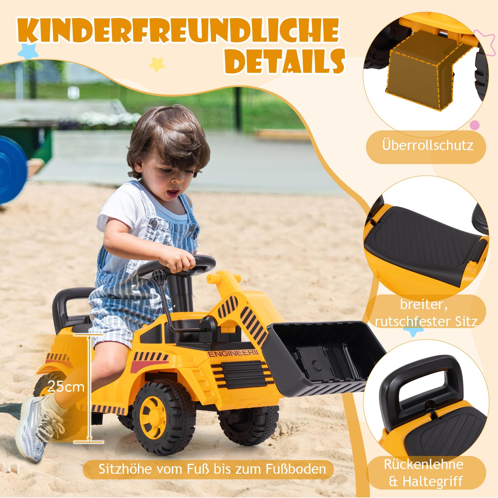 DREAMADE Bagger zum draufsitzen, Kinder Sitzbagger mit Flexibler Schaufel & Hupe & Kippschutz, Aufsitzbagger mit Stauraum unter Sitz, Sandbagger Sitzbagger Kinder ab 19 Monaten (Bulldozer)