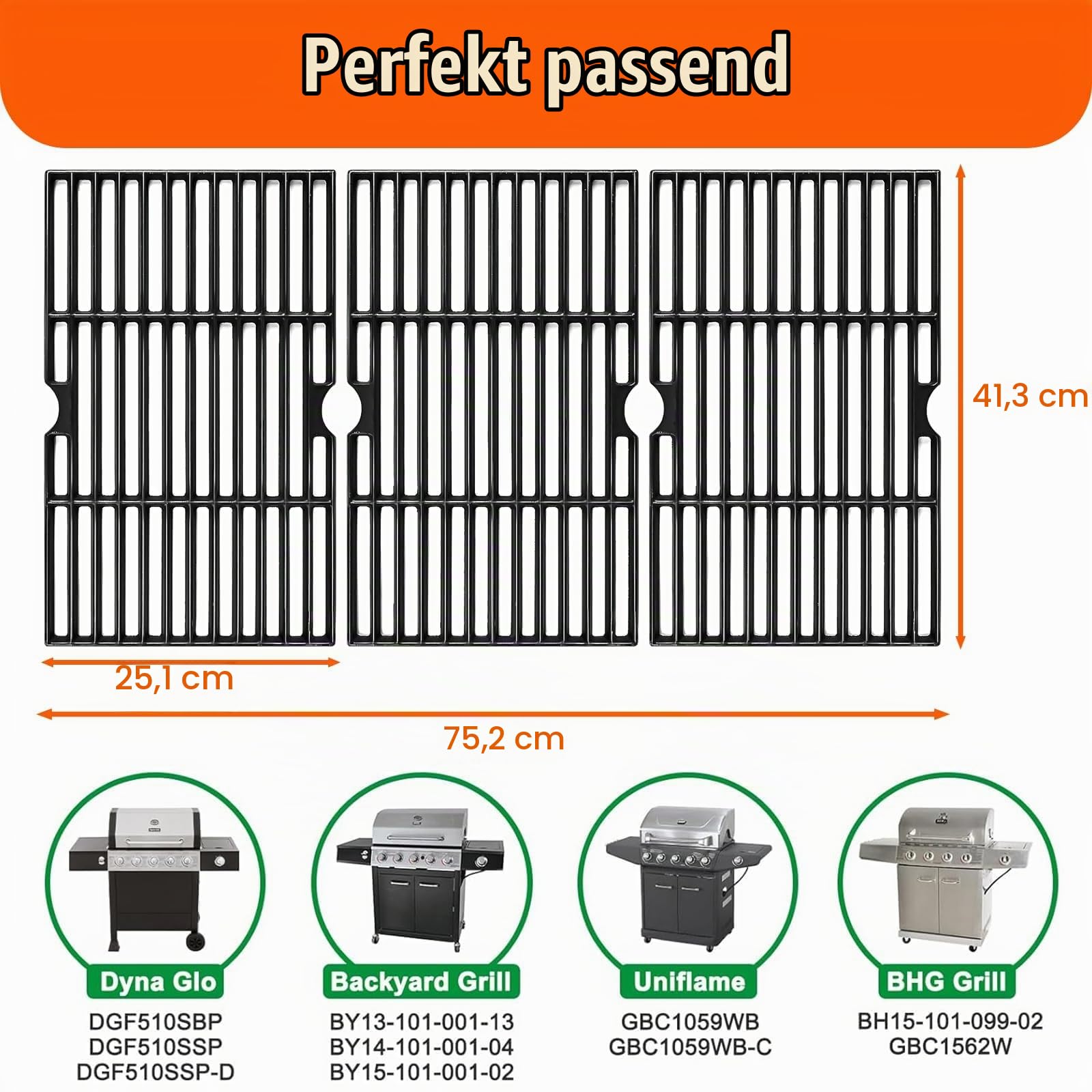 GFTIME Gusseisen Grillrost 41,3 x 25 cm, Massiver Gussrost für Gas- & Holzkohlegrill, Universal Grillroste Ersatz, 3 Stück