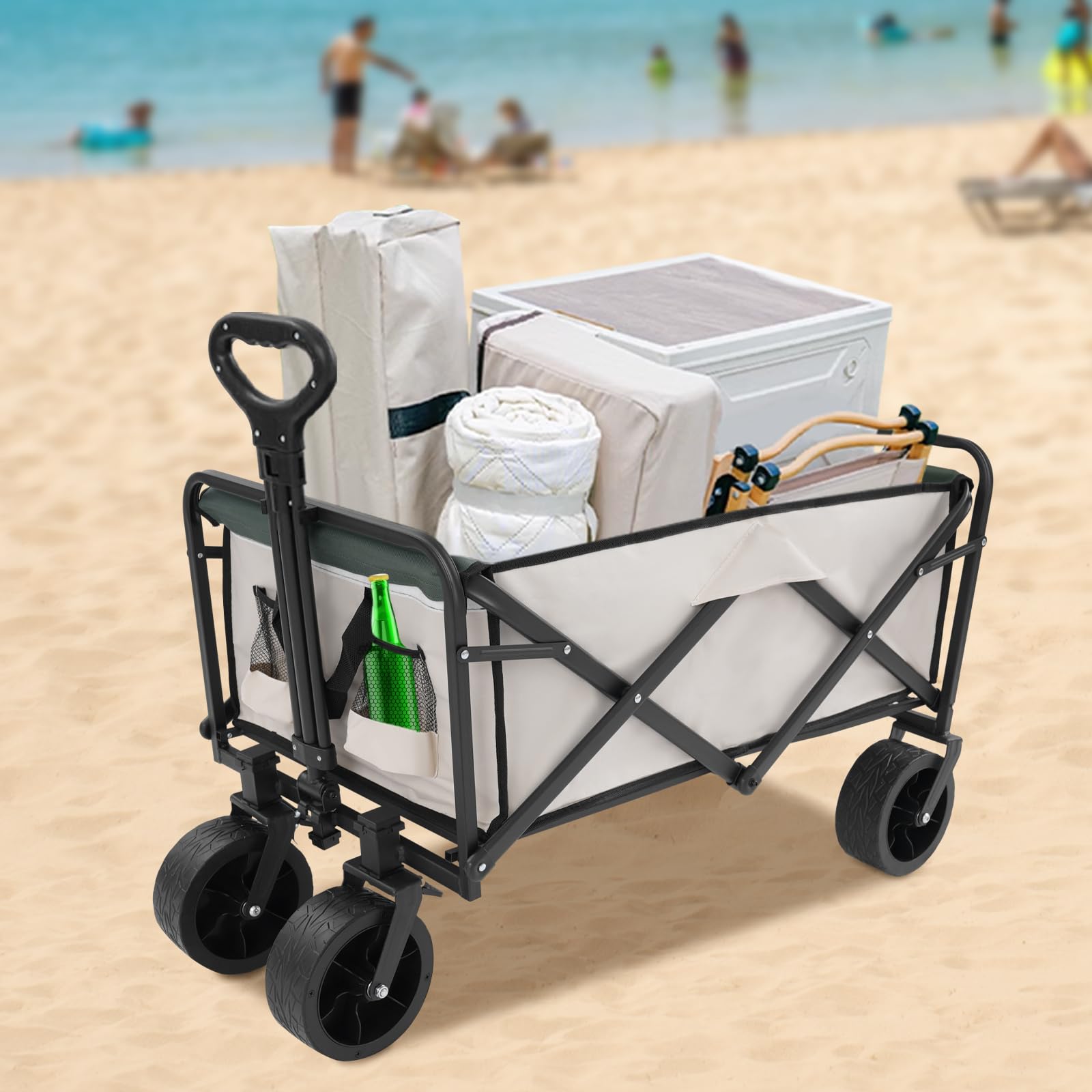 Carro plegable de 8 pulgadas con ruedas, carretilla de playa de gran capacidad plegable portátil para alimentos, deportes, jardín, compras, camping, carretillas