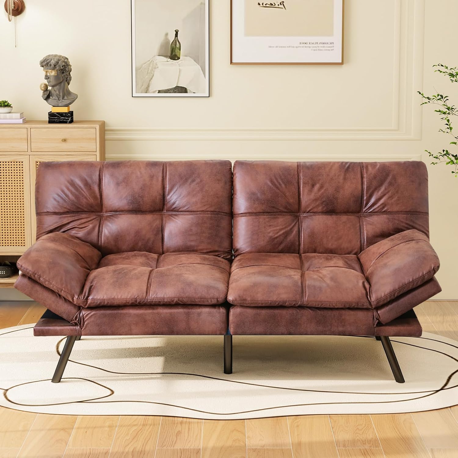 Vipbear 71-Inch Convertible Futon Sofa Bed, Modern Loveseat Sleeper with Adjustable Back & Arms, Faux Leather for Small Spaces, Apartments,Brown