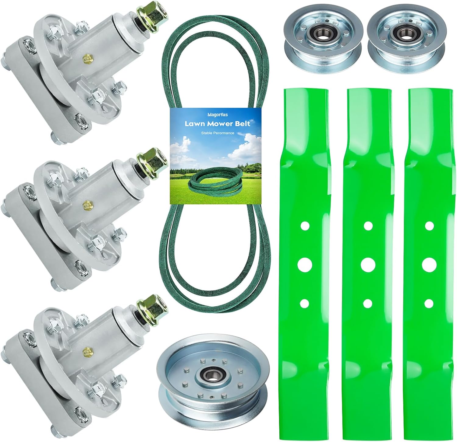 48" Deck Spindle Rebuild Kit for John Deere L120 L130, Include 3 Spindles GY20050 GY20785, 3 Blades GY20568, 1 Idler GY22082 GY20629, 2 Idlers GY22172 GY20067, 1 139" Belt GX20305 GY20571