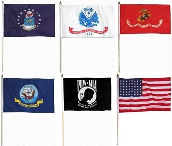 12x18 U.S. Military Branches with POW MIA Pow MIa and U.S. USA America Set of 6 12"x18" Stick Flags with wooden stick staff.