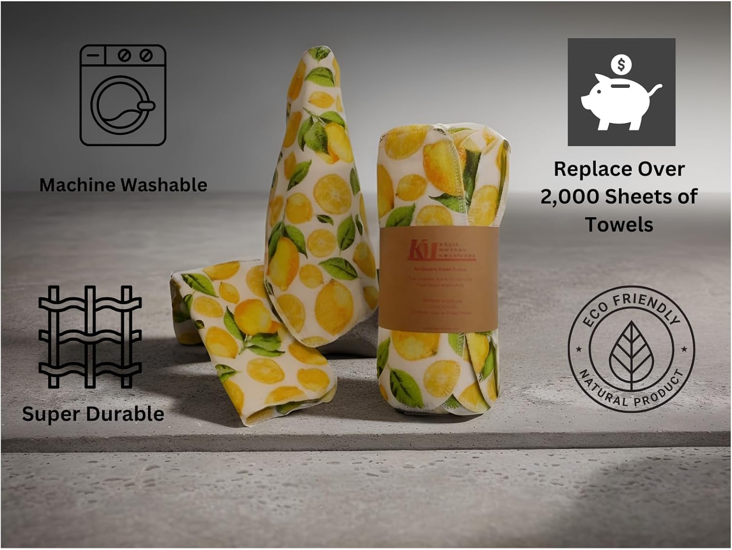 Reusable Paper Towels Washable, (15 Pack) Lemon Print Kitchen Paper Towels for spills. 100% Cotton Flannel Towels. Easy to Use Green Eco Friendly, No Waste, Sustainable