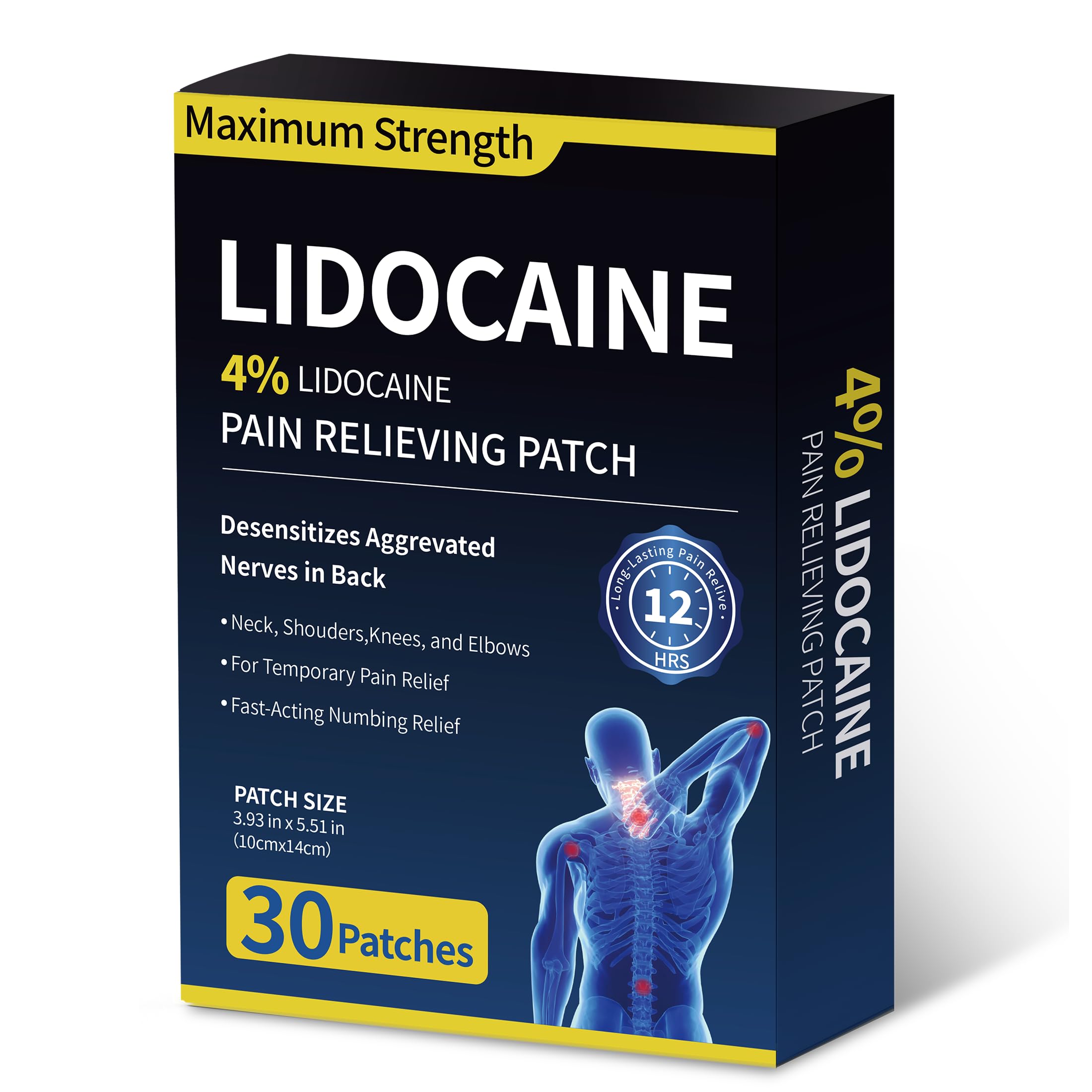4% Lidocaine Pain Relief Patches - (Large, 30, Count) Maximum Strength Relief for Back, Neck, Shoulder, Joint & Muscle Pain, 3.9”x 5.5”-030