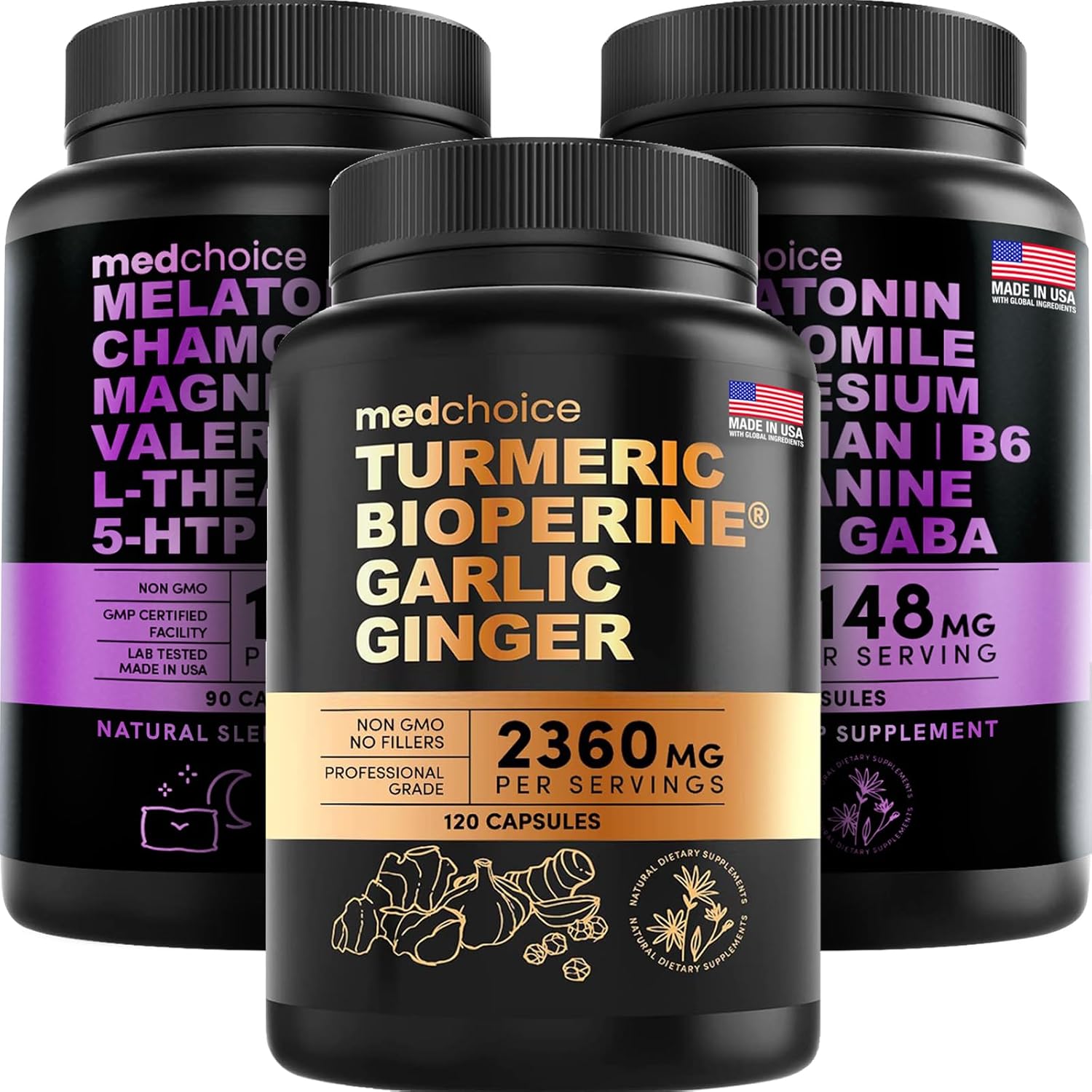 MEDCHOICE Turmeric & Ginger (120ct) and Sleep Melatonin (180ct) Supplement Bundle - Wellness Duo for Joint, Digestion, Sleep, & Immune Support - Vegan, Non-GMO, Gluten-Free