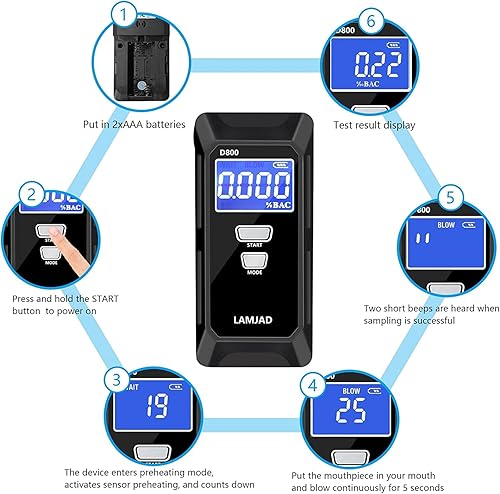 Miniatura 5 de LAMJAD Alcoholímetro, probador profesional de alcohol con pantalla LCD digital, sensores semiconductores y 10 boquillas, medidores de alcohol