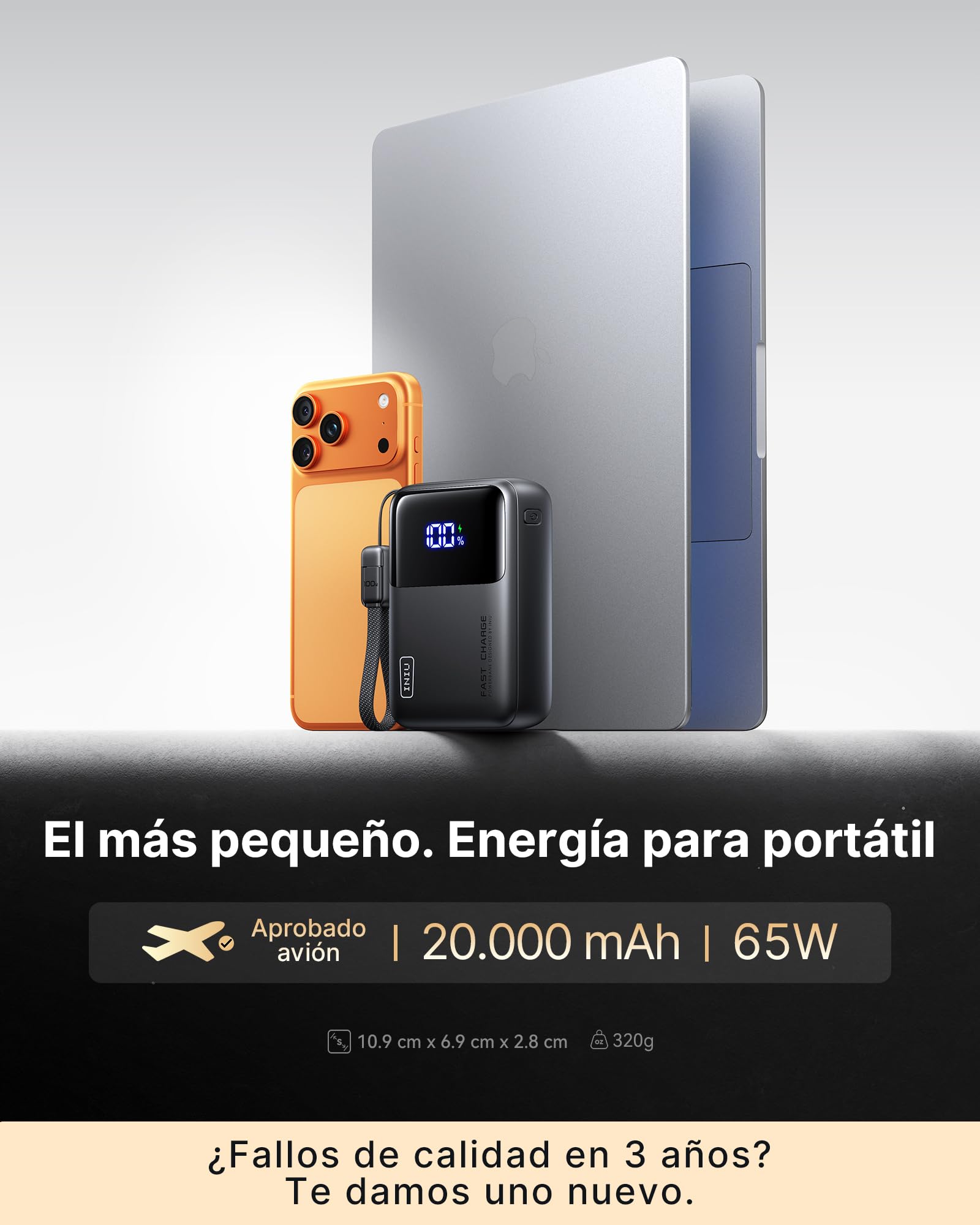INIU Laptop Power Bank, Pequeño 20000mAh 65W Carga Rapida Batteria Externa | Cable USB C Desmontable, Apto para Avión de Viaje, Bateria Portatil para MacBook, Steam Deck, iPhone 17 Samsung S26, iPad etc