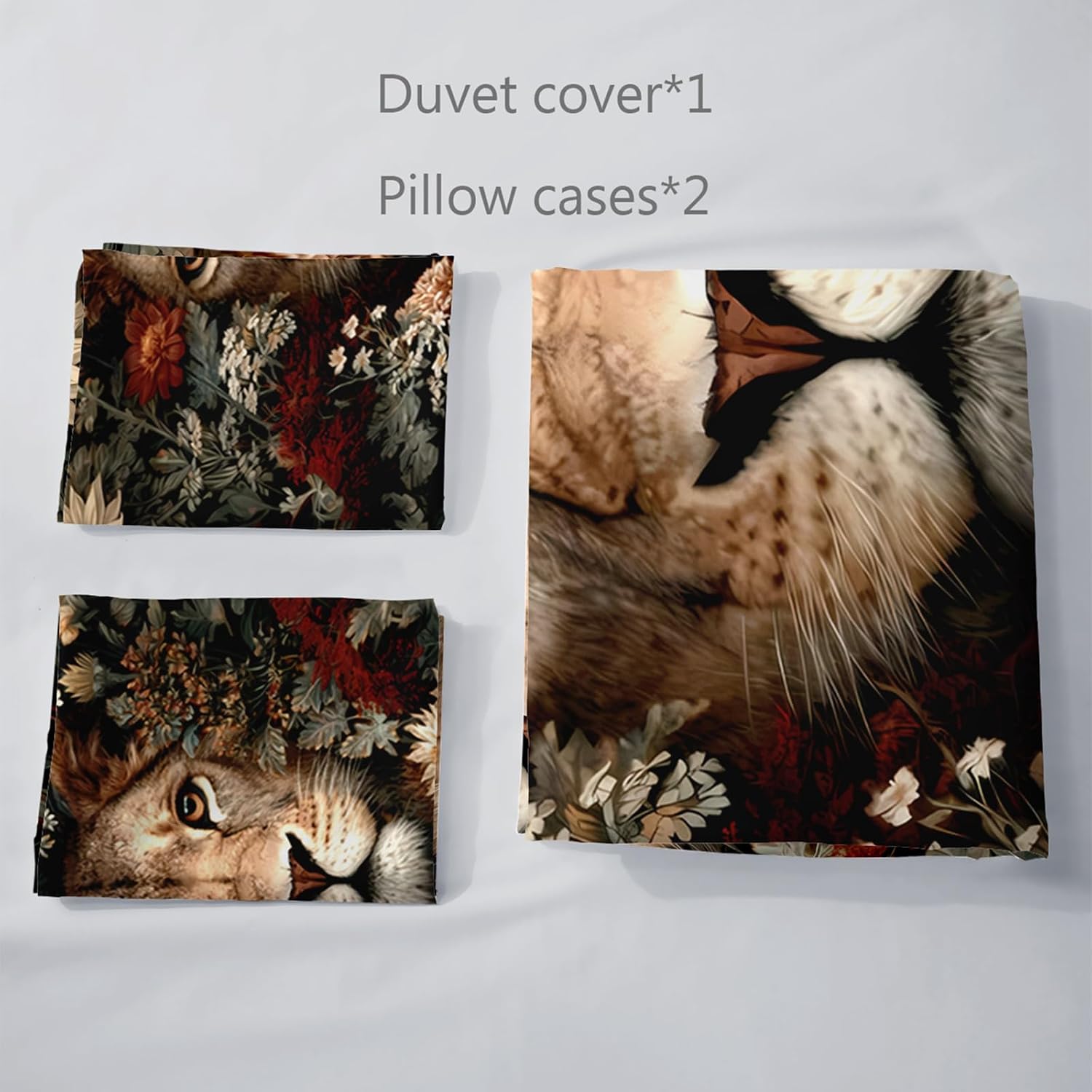 AILONEN Lion Print Duvet Cover Set Queen Size, Vintage Flowers Leaves Bedding Set for Kids Teens Adults,Wild Animal Comforter Cover with 2 Pillowcases,3Pcs