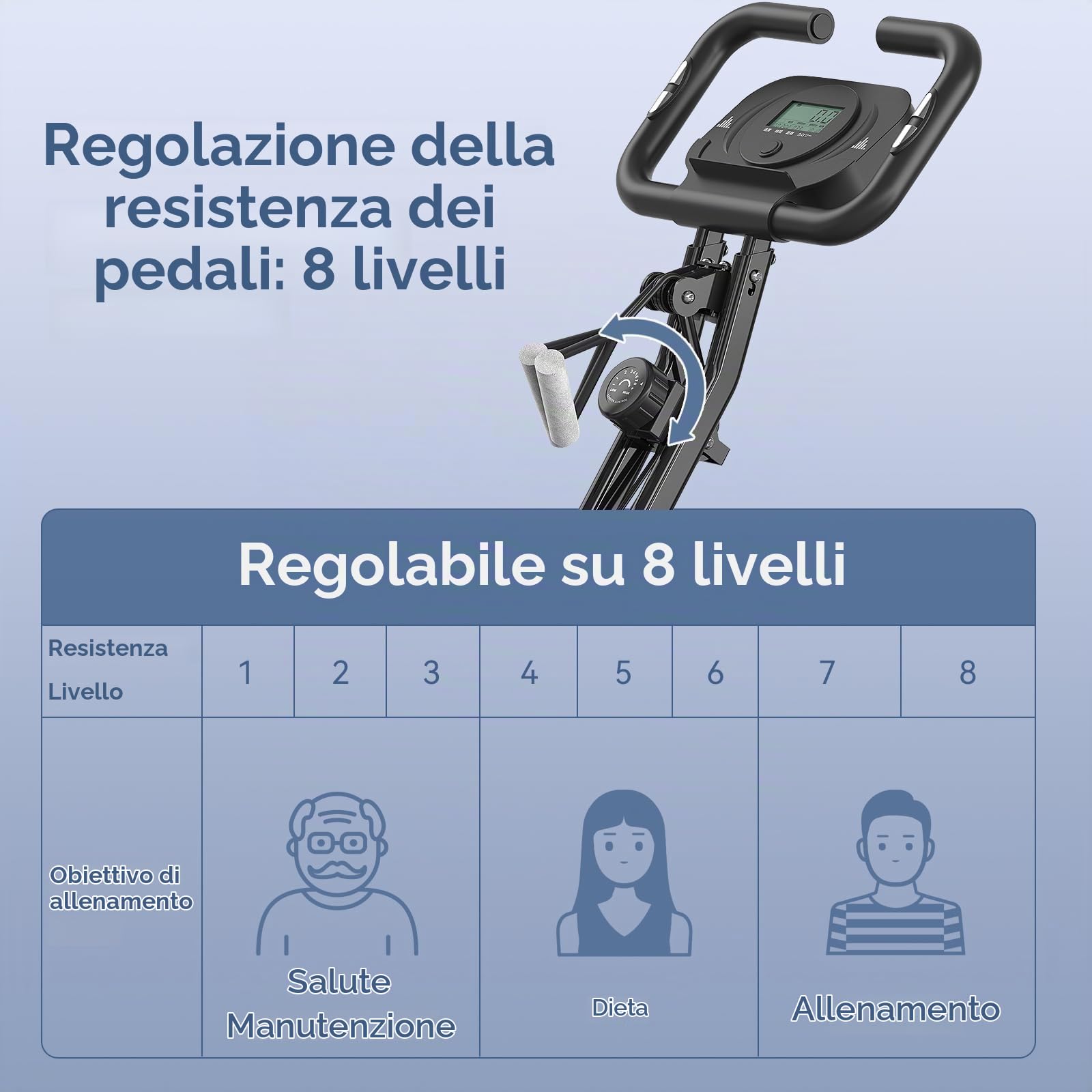 Bicicletta Cyclette Pieghevole da Casa, Bike Fitness Silenzioso con 8 Livelli di Resistenza Magnetica, Display LCD, Design Compatto Salvaspazio per Allenamento Cardio Indoor