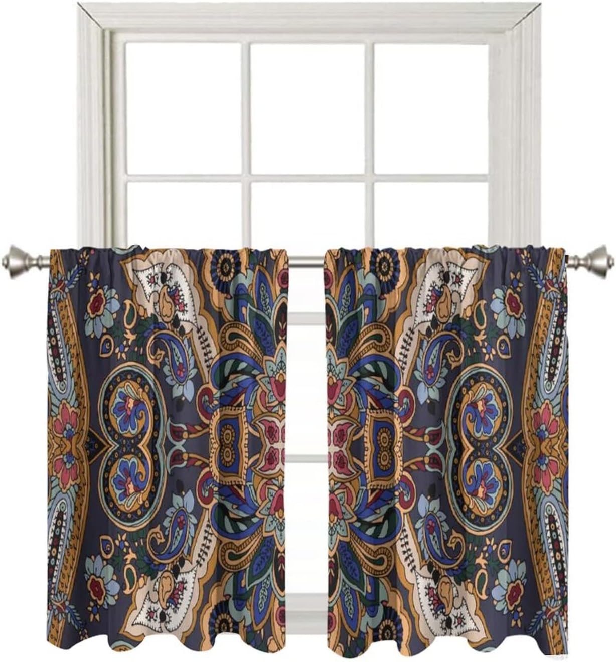 Paisley Short Curtains, Blackout Curtain for Kitchen Bathroom Bedroom, Vintage Ornate Print Rod Pocket Fabric Window Drapes 2 Panel Set, 30" W x 36" L, Home Decoration
