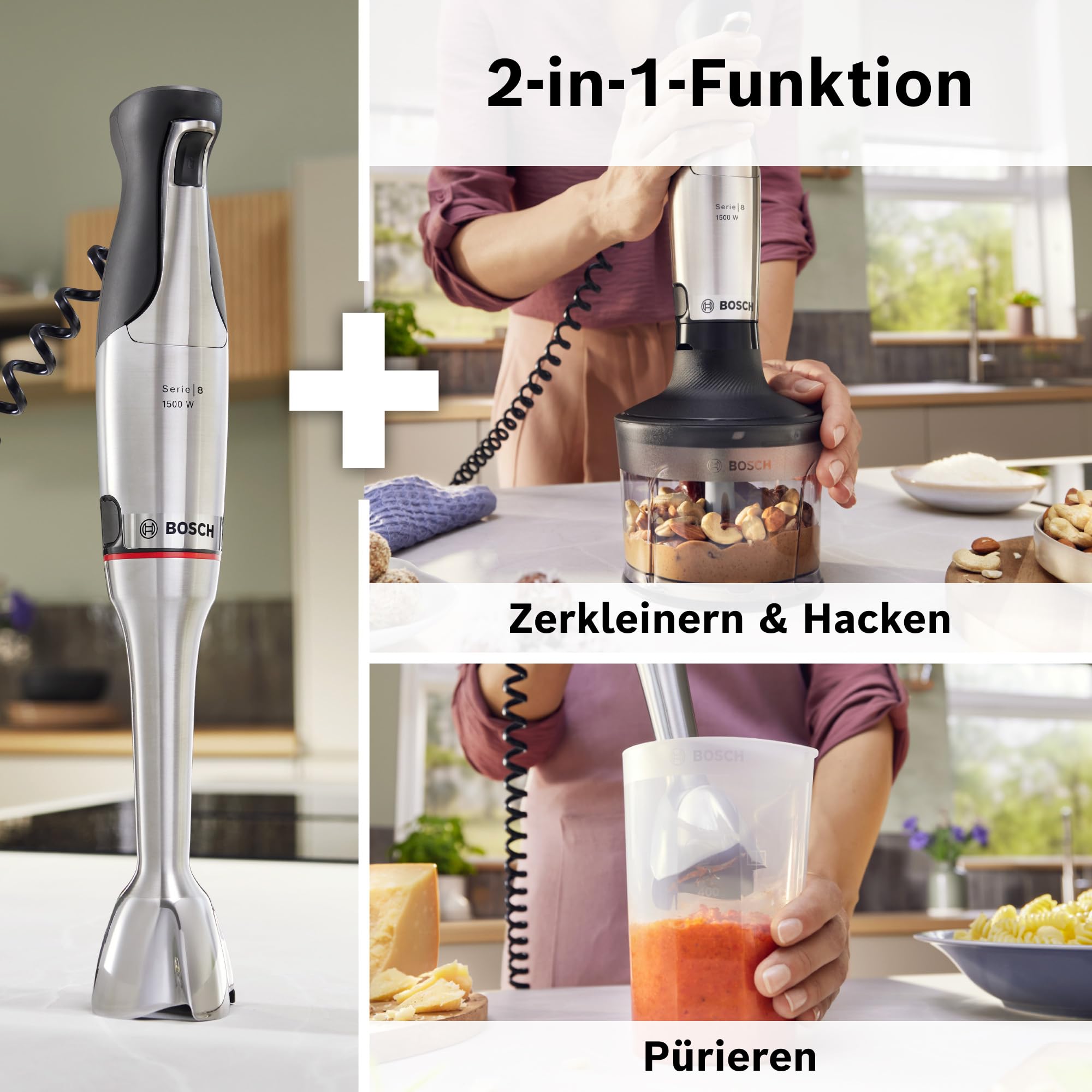 Bosch Stabmixer, Mixbecher, Universalzerkleinerer, Edelstahl Klingen, spülmaschinenfest, Spiralkabel, 1500 Watt, ErgoMaster Serie 8 MSM8M930
