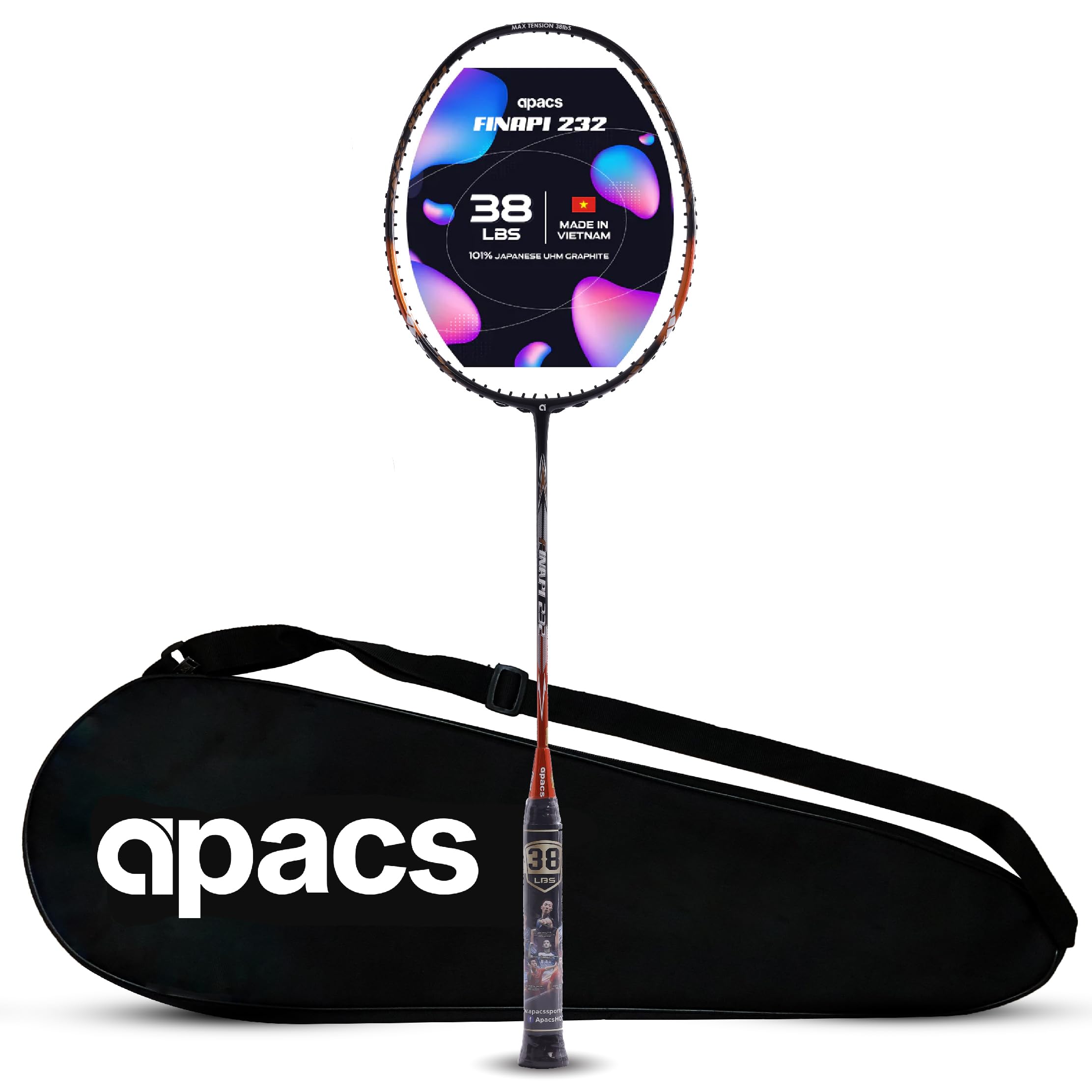 Finapi 232 (Unstrung, 38 LBS Max Tension) Made in Vietnam | 100% Japanese Graphite | High Modulus | High Power Badminton Racket with Free Full Cover | G1-4 1/4 inches (Orange)