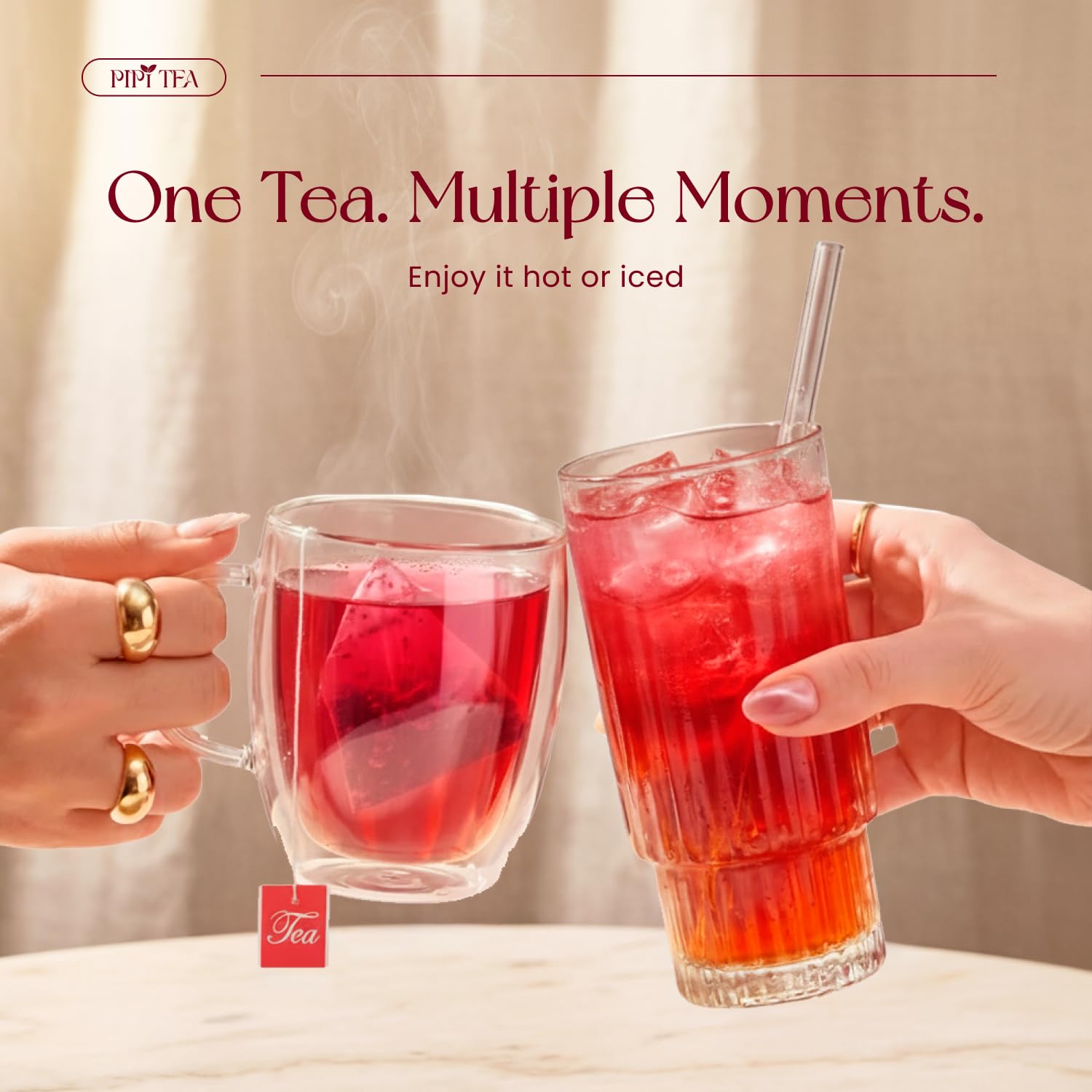 PiPi Tea Organic Hibiscus Tea Bags – Caffeine Free Herbal Tea Rich in Antioxidants, Non-GMO & Vegan, Sourced from Premium Hibiscus Flowers for Daily Wellness & Heart Health Support, 60g