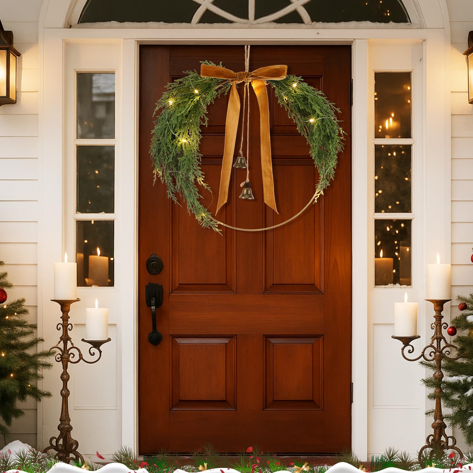 Hungdao Lot de 2 couronnes de Noël en pin avec nœud lumineux de 30 cm - Décoration rustique pour fenêtre et mur - Décoration à suspendre (pin cèdre)