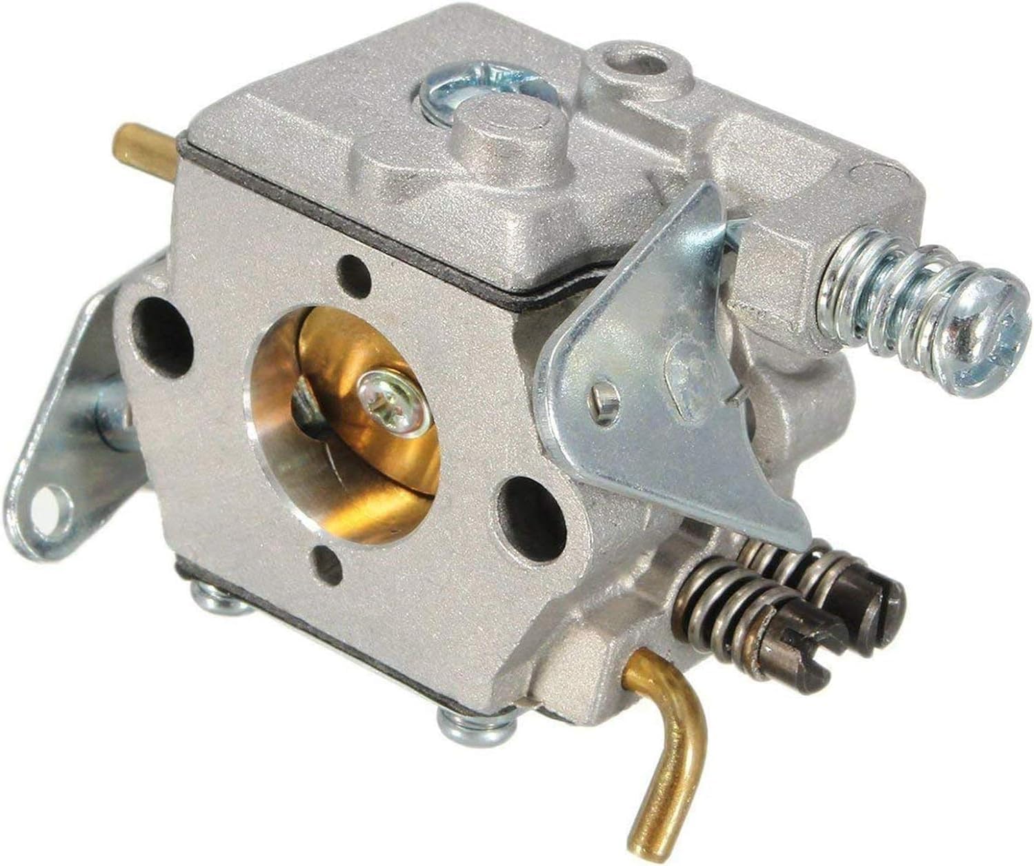 Close-up view of the HQparts carburetor, showing the fuel inlet and adjustment screws.