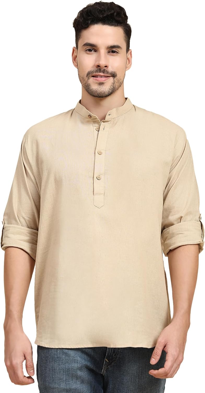 SKAVIJ Men’s Cotton Linen Kurta Shirt – Long Sleeve Henley with Mandarin Collar Roll-Up Sleeves Casual Ethnic Tunic Top