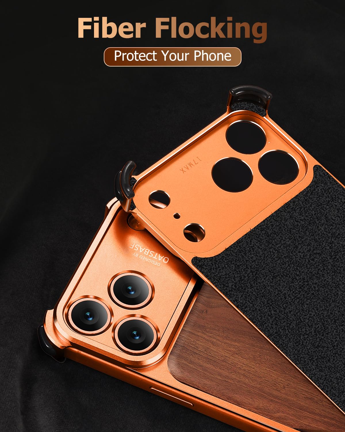 OATSBASF Funda para iPhone 17 Pro Max, protección completa de la cámara, compatible con cargador MagSafe, marco de metal, panel trasero de grano de madera (naranja, para iPhone 17 Pro Max)