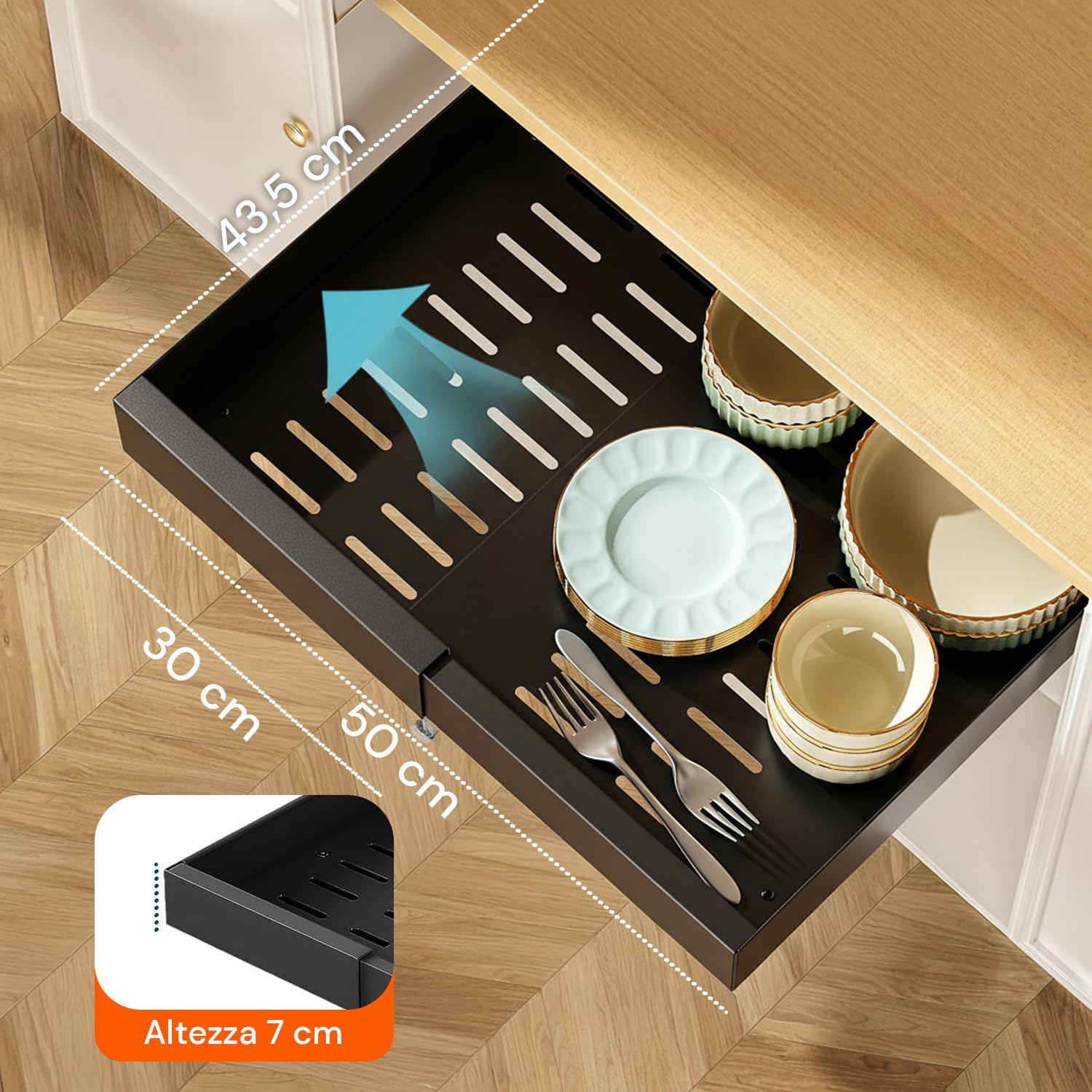 Avilia - Cassetto Universale Estraibile e Espandibile in Acciaio con Binario – Organizer per Mobili, Cucine e Dispense – Montaggio Adesivo - Ripiano Salvaspazio (Nero, 30-50x43,5x7 cm)