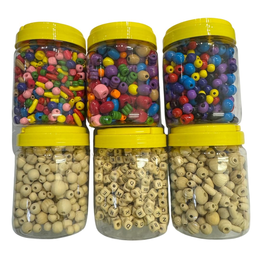 Springboard Assorted Wooden Beads (6 x 200g Tubs), Bulk Crafting Beads with Large Holes for Kids Bracelet Making, Threading & EYFS
